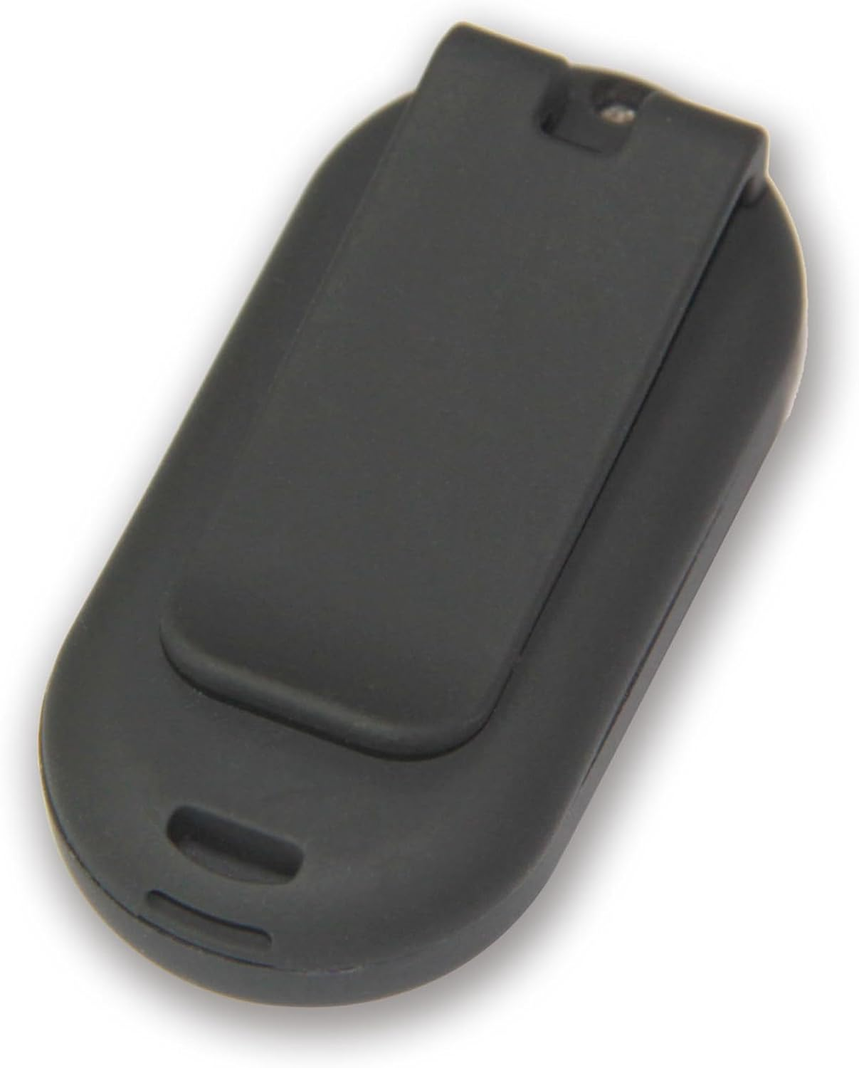 Schwarzer Autoschlüsselanhänger mit Clip und Schlitz auf der Vorderseite.