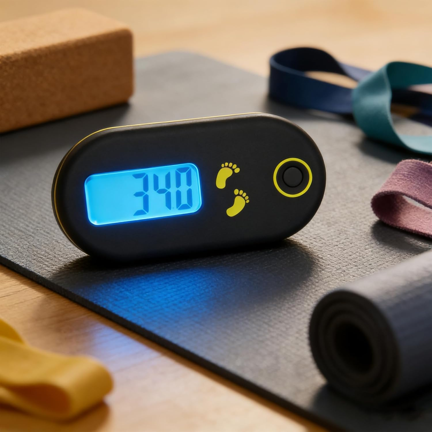 Ein digitaler Schrittzähler zeigt 340 Schritte auf einer Yogamatte mit Trainingsbändern an.