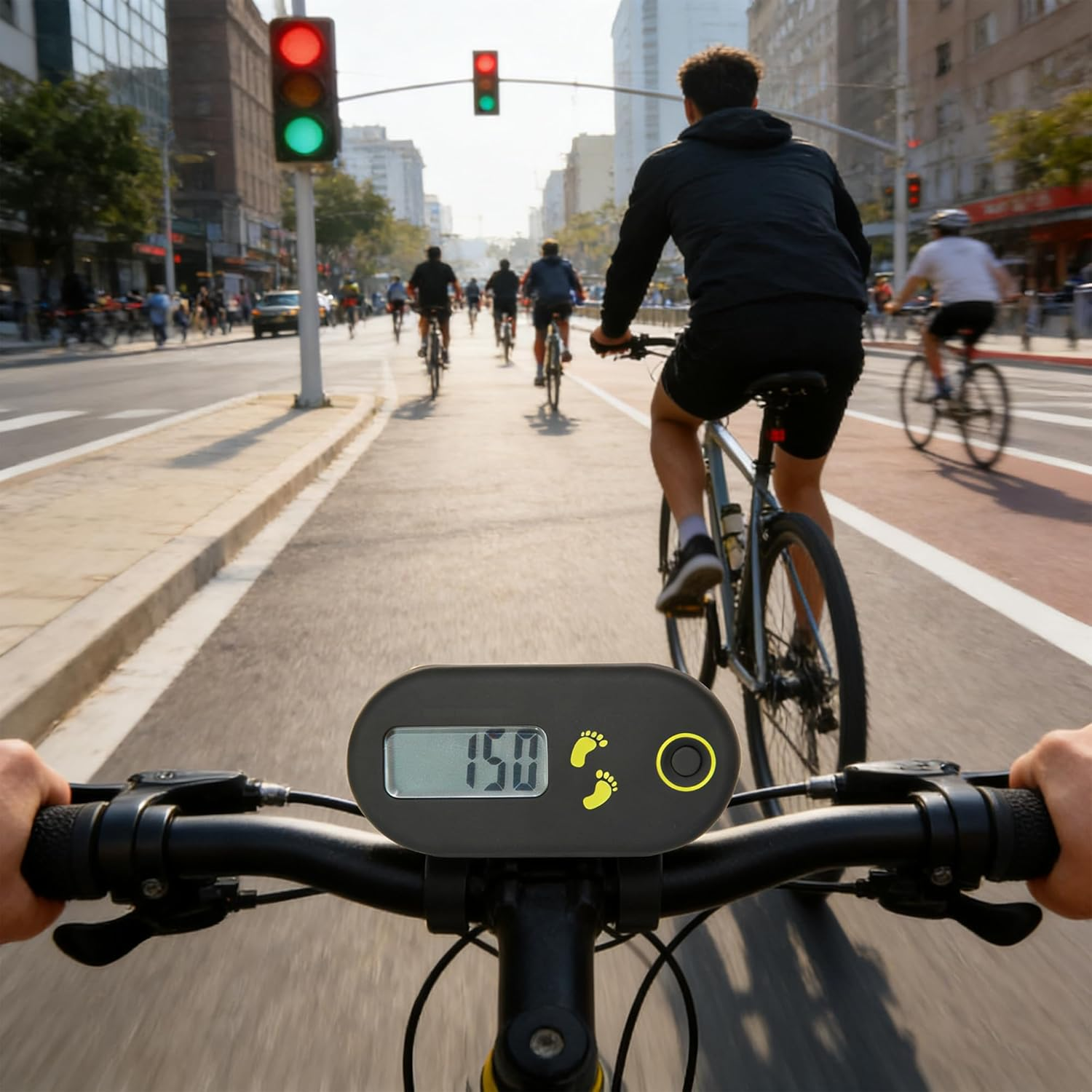 Fahrradkamera blickt auf Lenker mit Display. Mehrere Radfahrer auf der Straße.