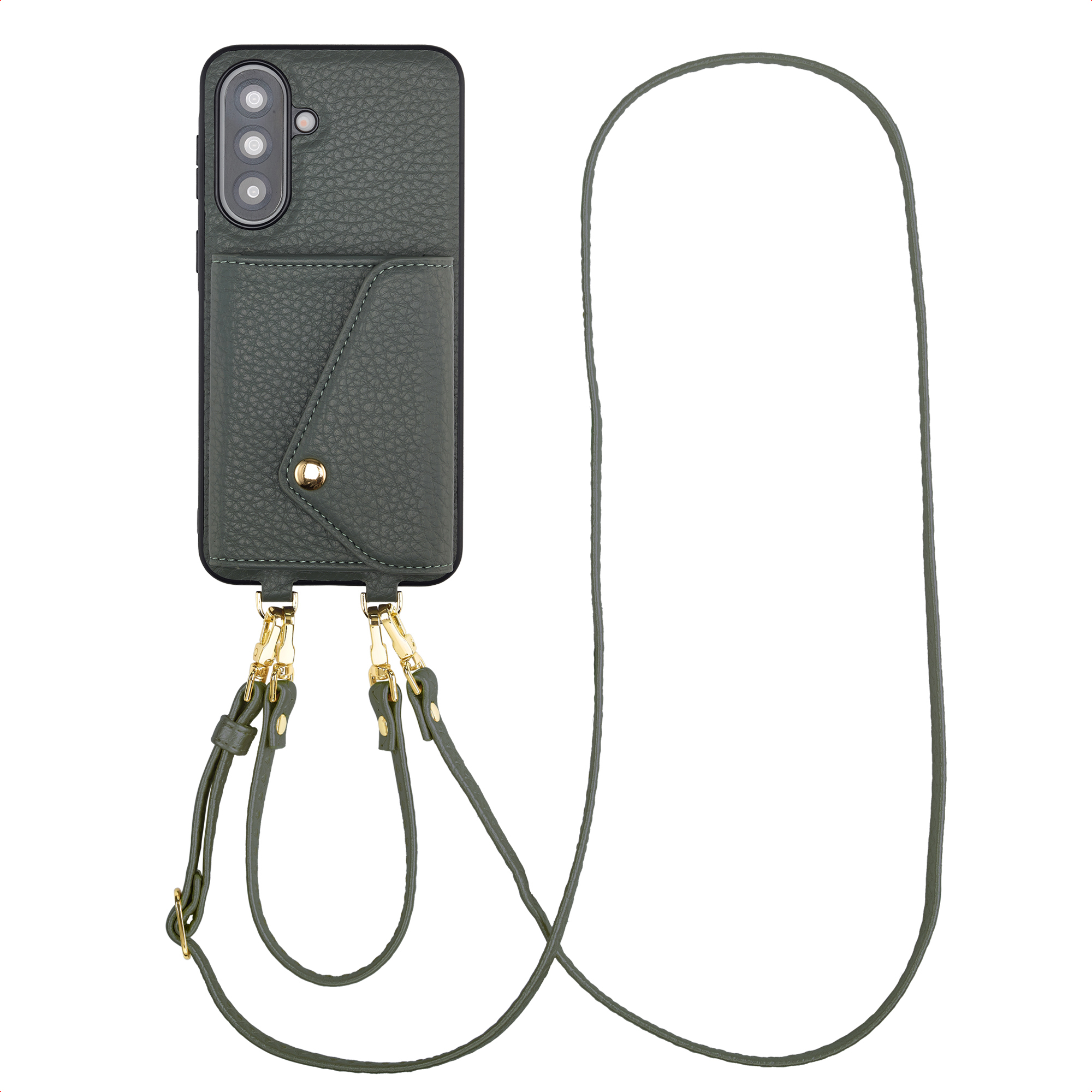 Groene leren telefoonhoes met camera-uitsparing en schouderband.