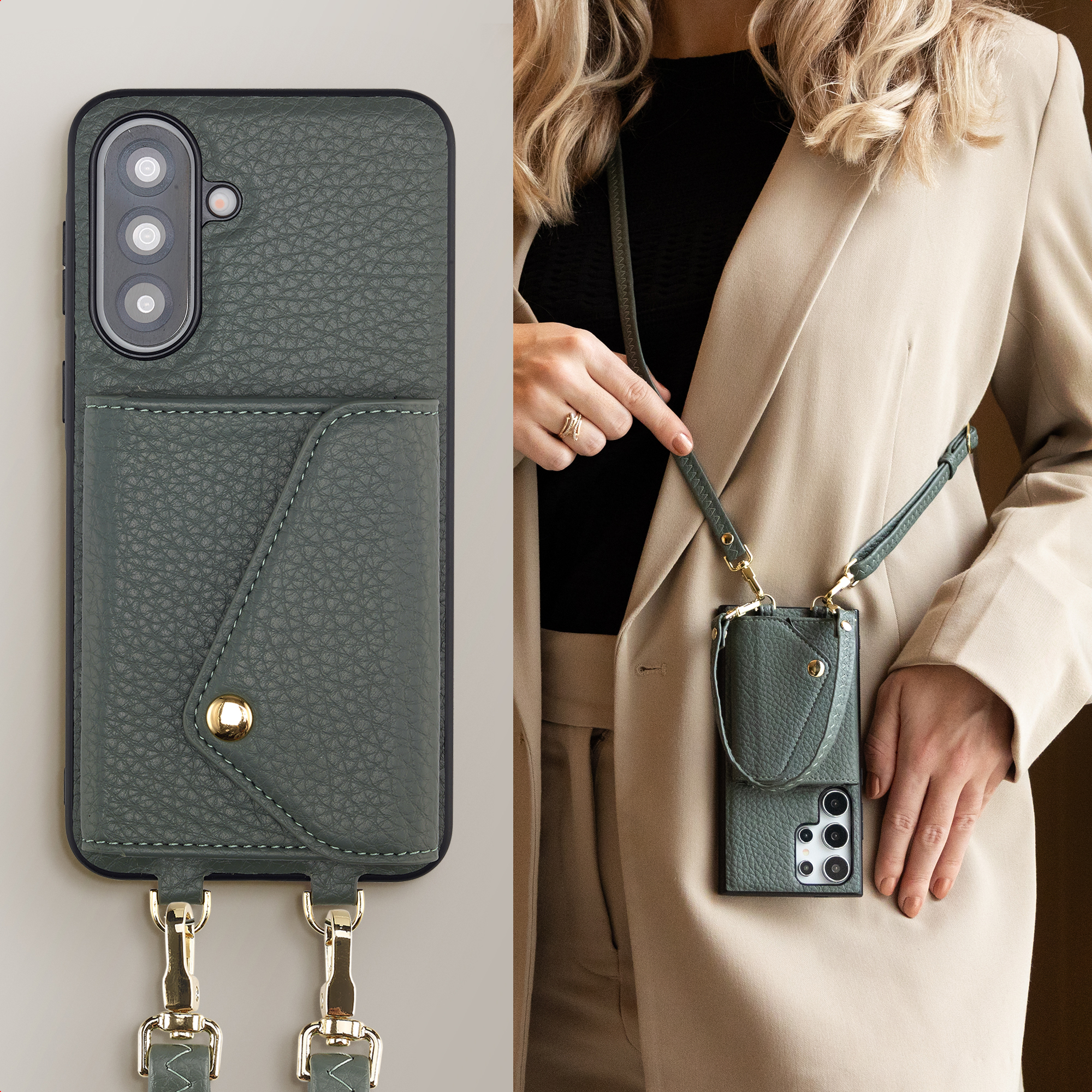 Een groene leren telefoonhoes met portemonnee en riem wordt getoond, gedragen door een vrouw.