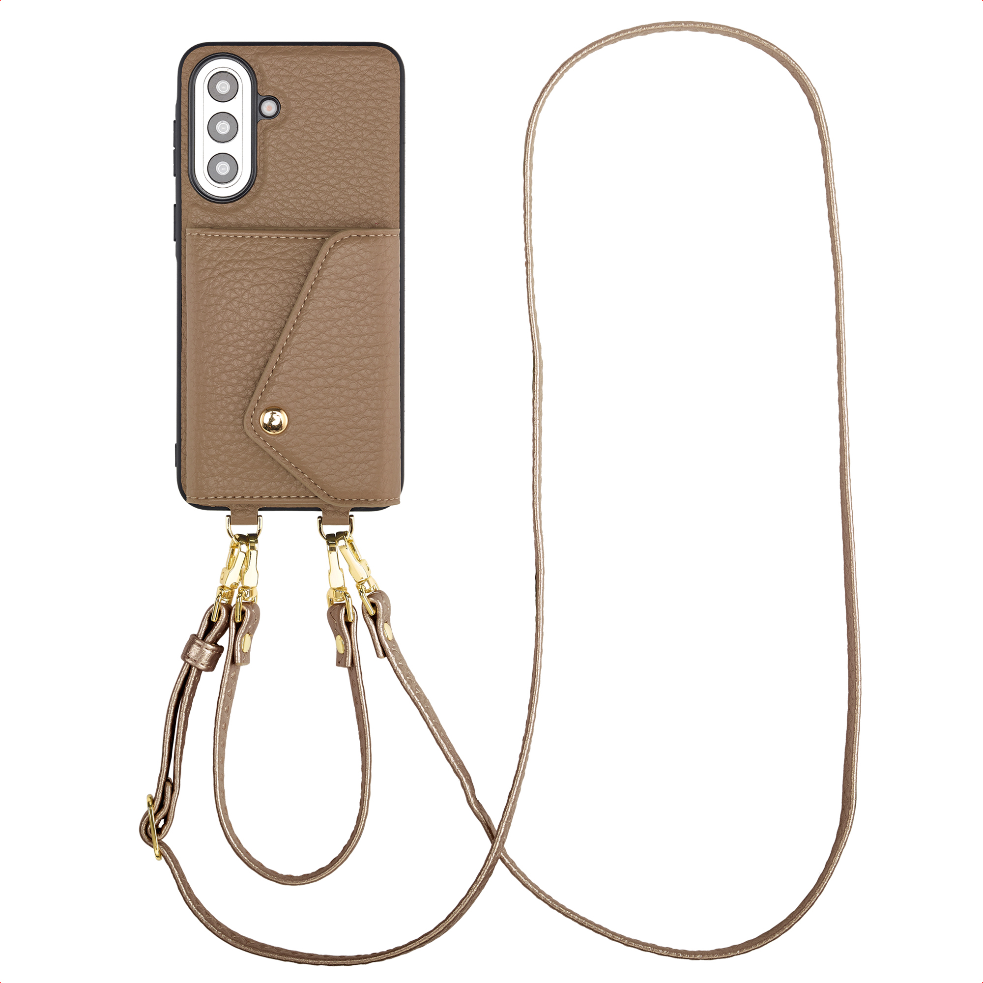 Une coque de téléphone marron en cuir avec caméras et une lanière.
