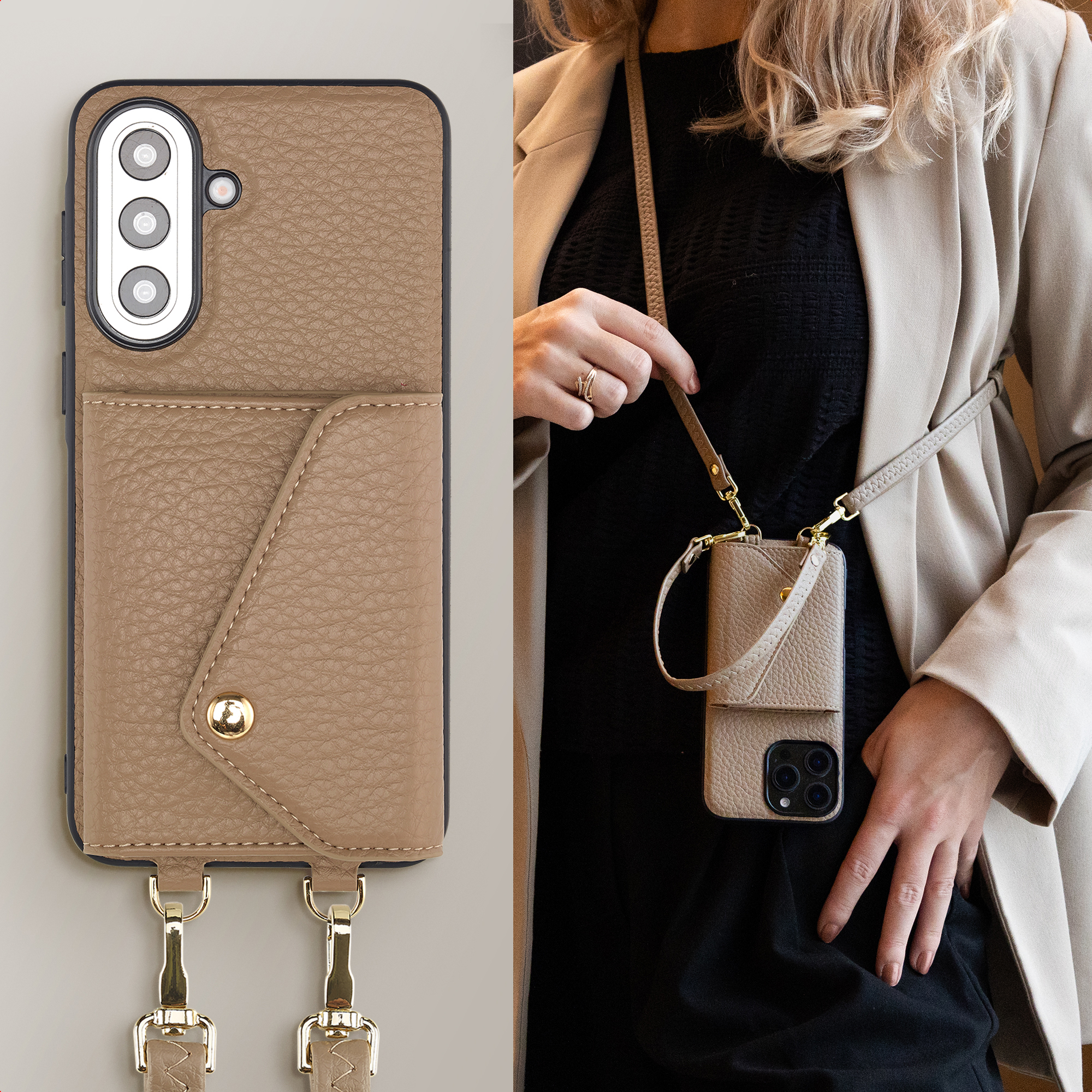 Étui de téléphone en cuir marron avec poche et lanière, porté par une femme.