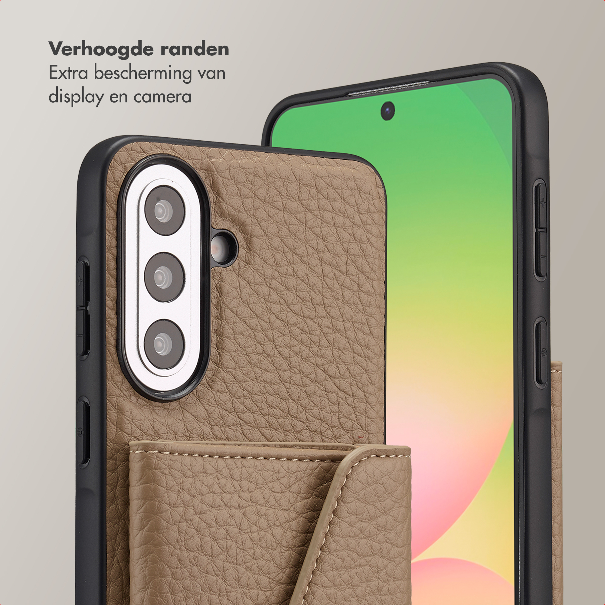 Étui de téléphone marron avec bords surélevés, appareil photo et porte-cartes.