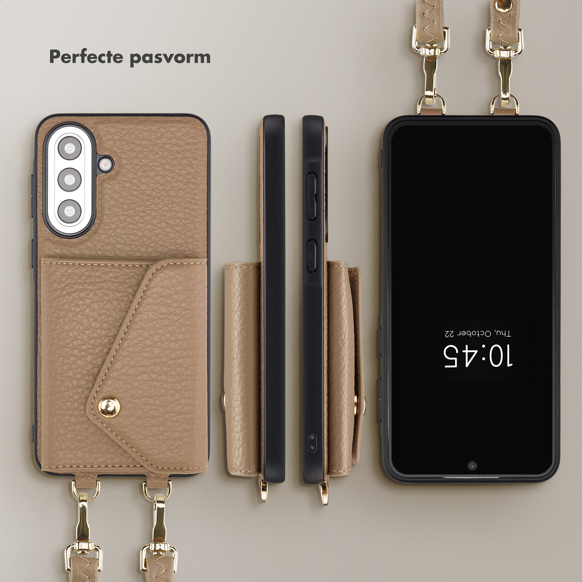 Étui portefeuille en cuir marron pour téléphone, vues avant et latérale.
