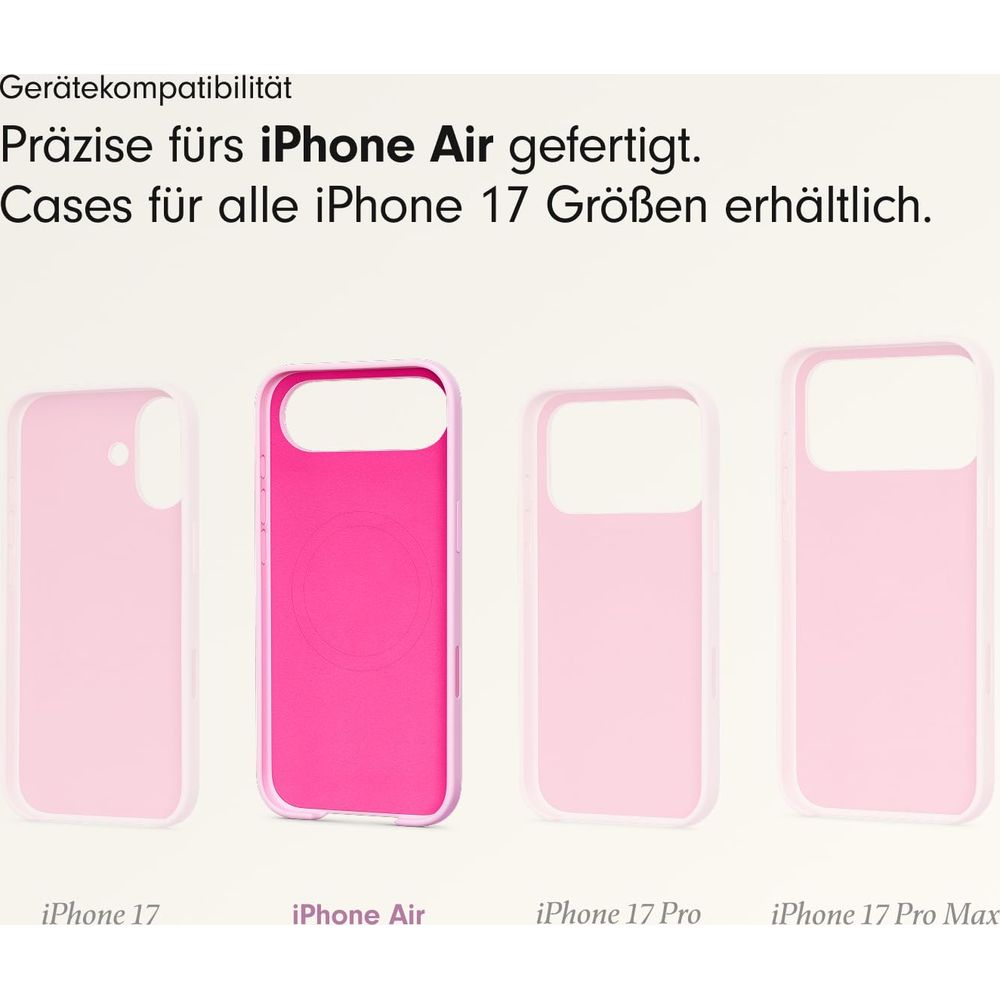 Cztery etui na iPhone w różnych rozmiarach, jedno różowe, trzy jasnoróżowe.