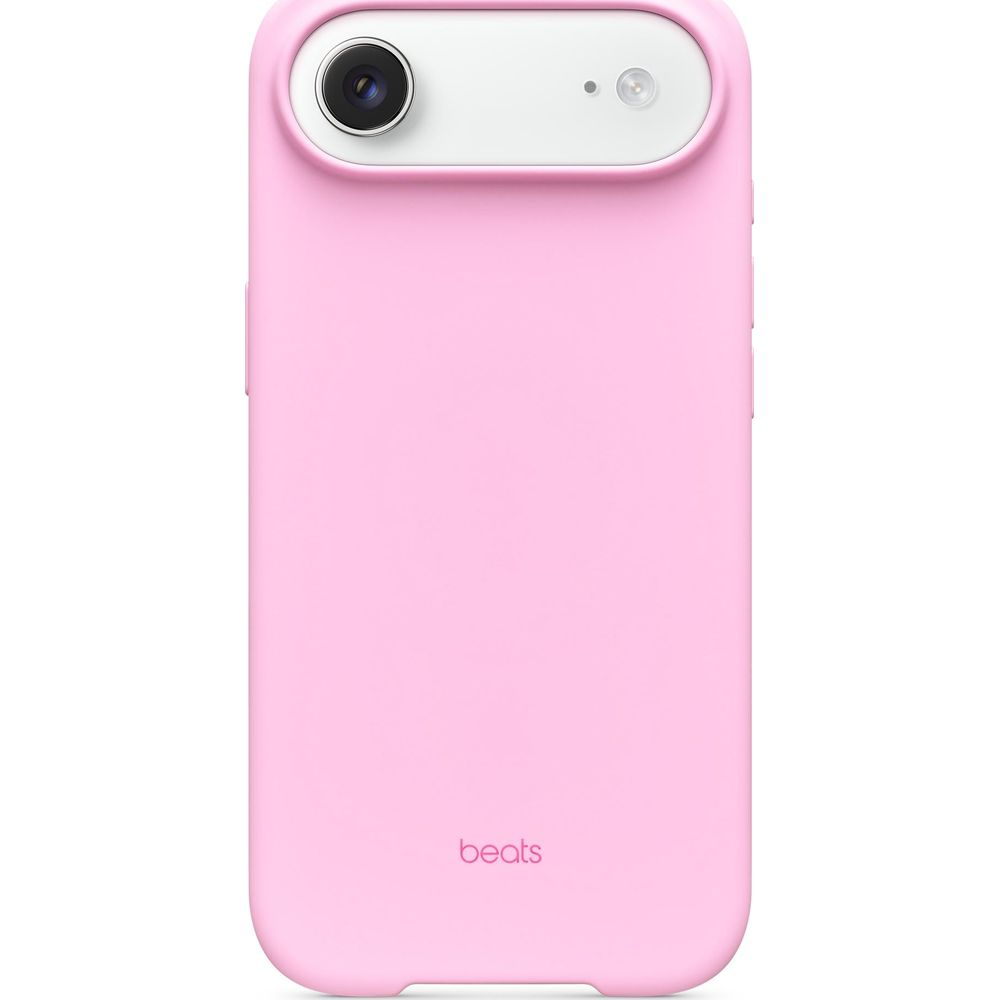 Różowe etui na telefon Beats z wycięciem na aparat i logo 'beats' na białym tle.