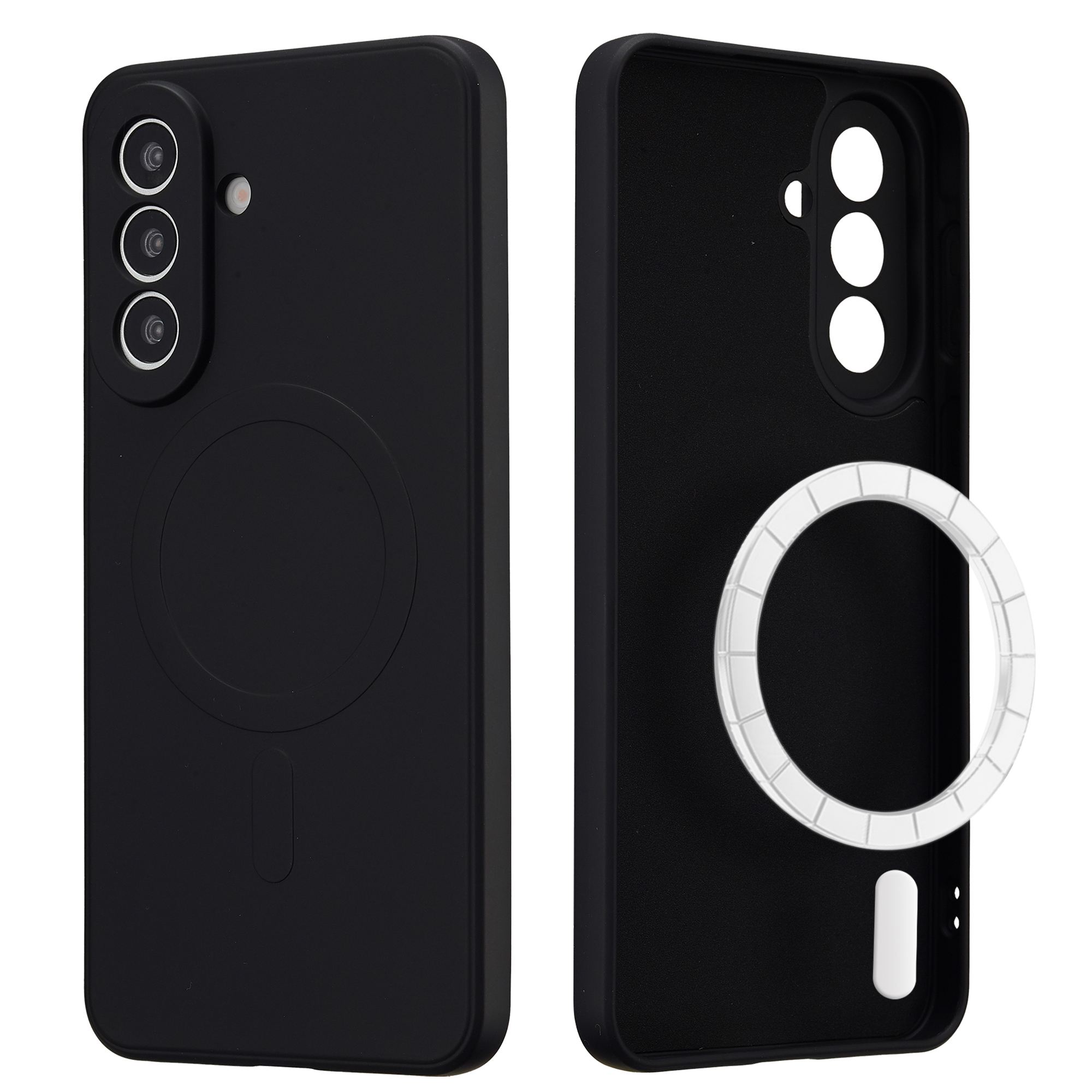 Zwarte telefoonhoes met drie cameralenzen en magnetische ring.