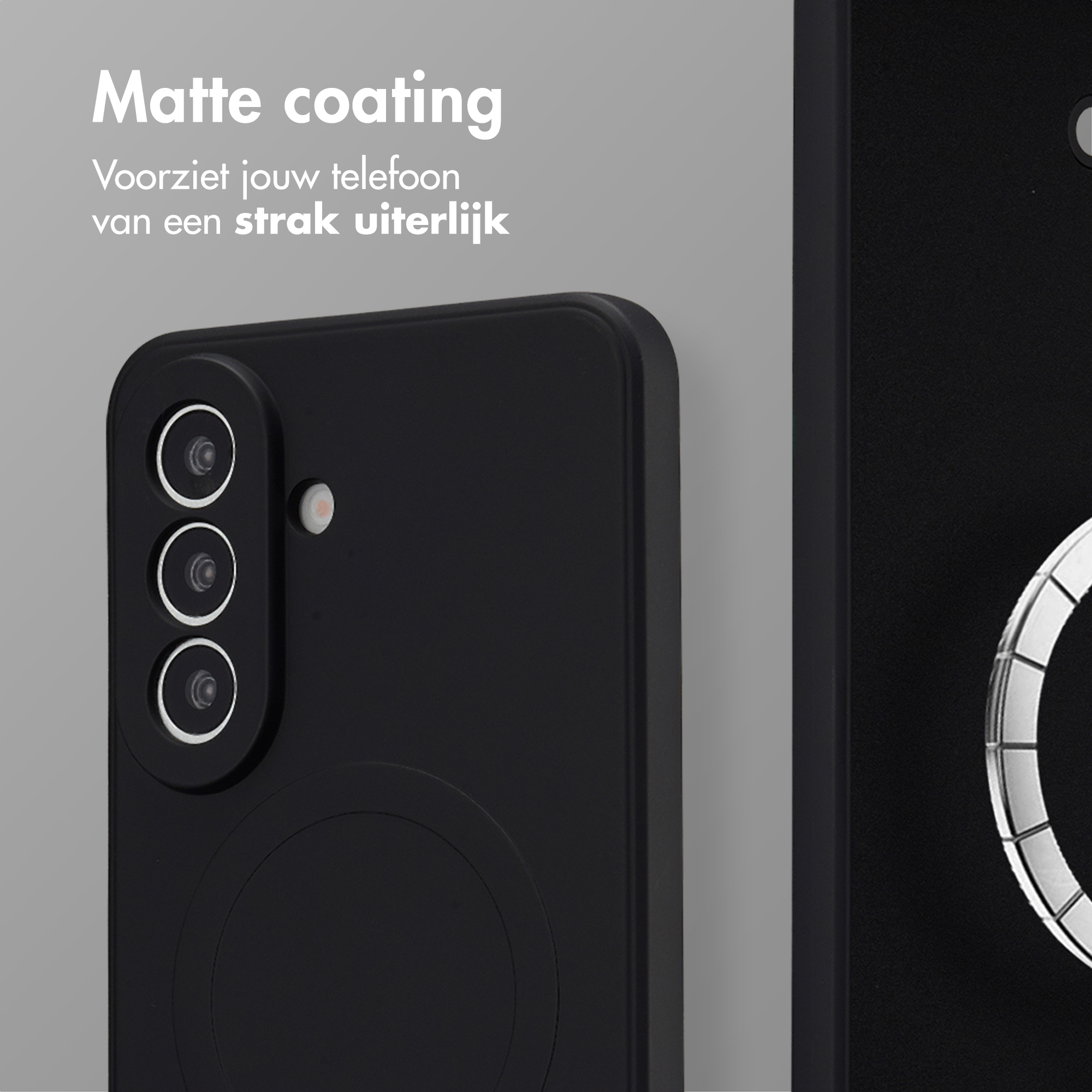 Zwarte telefoonhoes met drievoudige camera en matte afwerking.