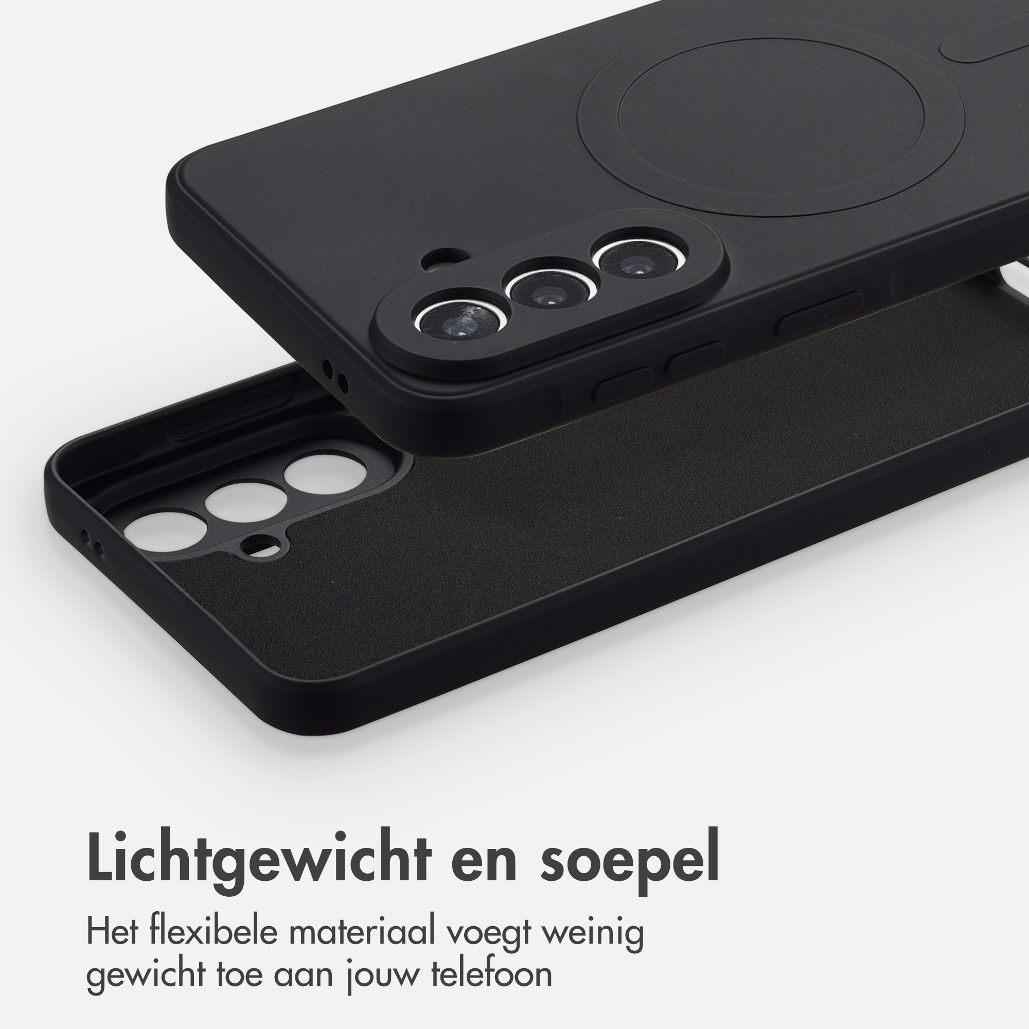 Zwarte telefoonhoes met drie cameralenzen en magnetische ring. Lichtgewicht hoes.