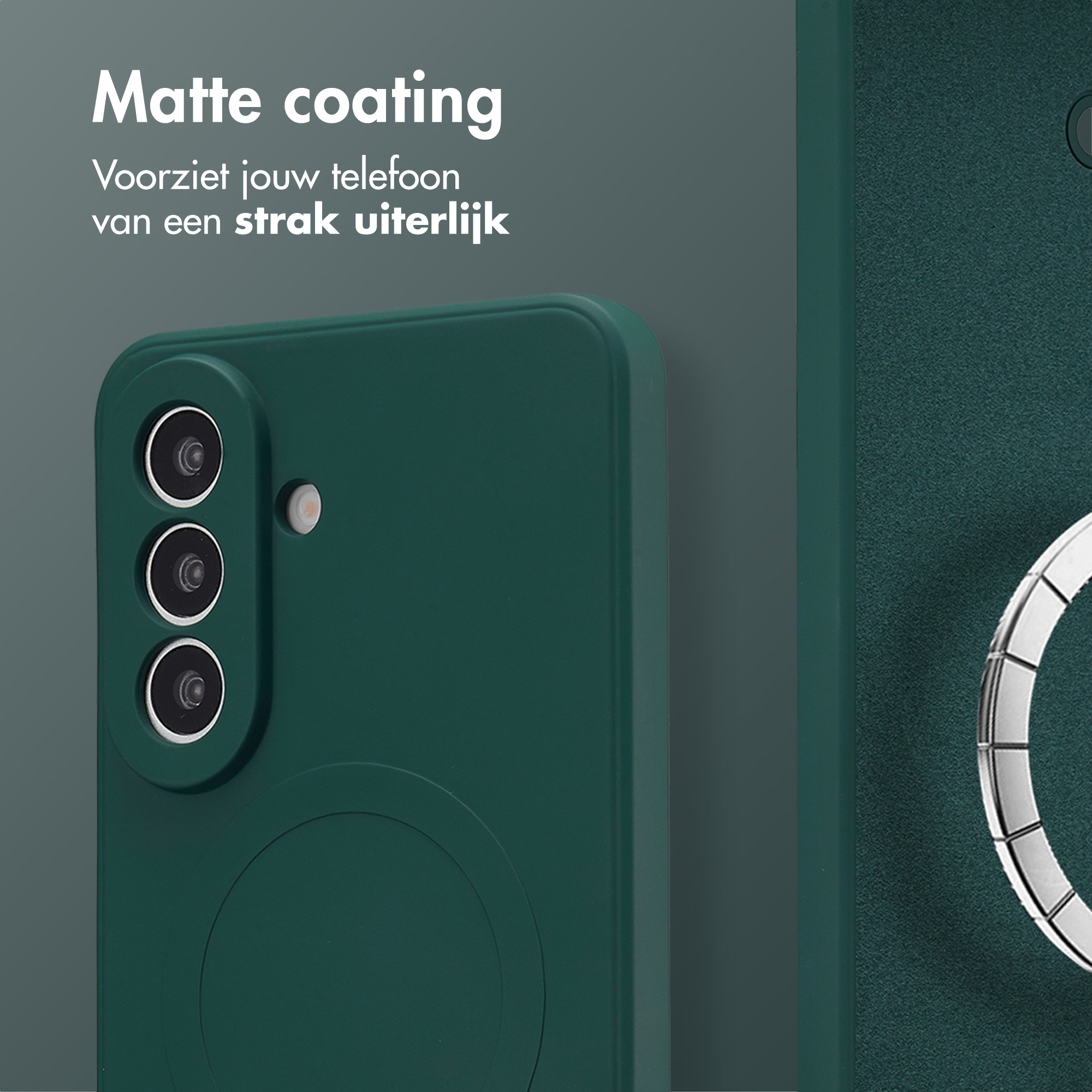 Donkergroene telefoonhoes met camera's en zilveren ring aan achterkant.