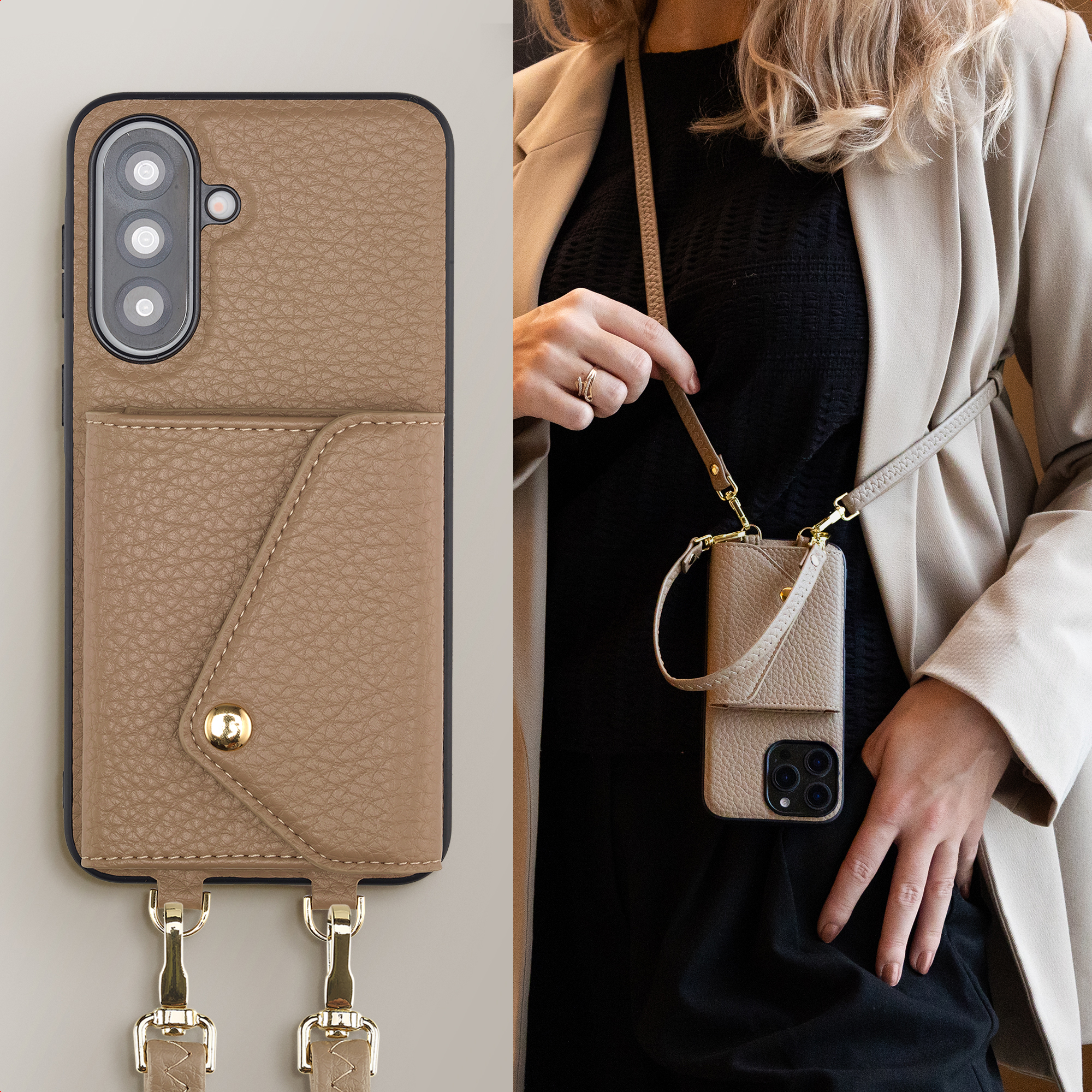 Una custodia per telefono beige con porta carte e tracolla indossata da una donna.