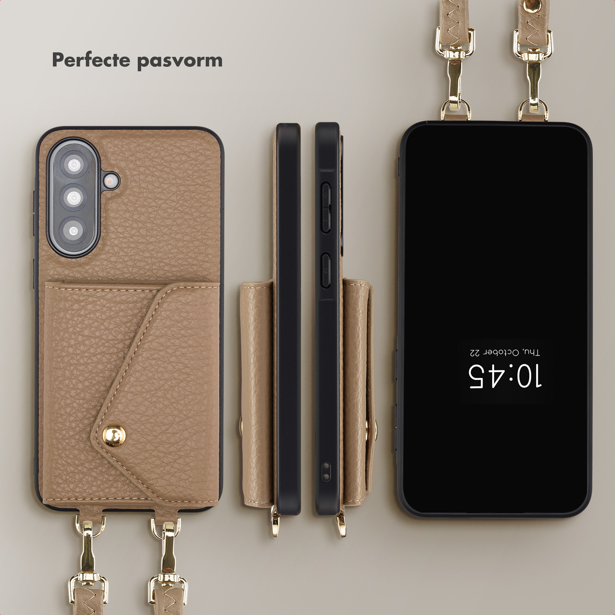 Custodia per telefono in pelle marrone con porta carte e laccetto, vista frontale, laterale e posteriore.