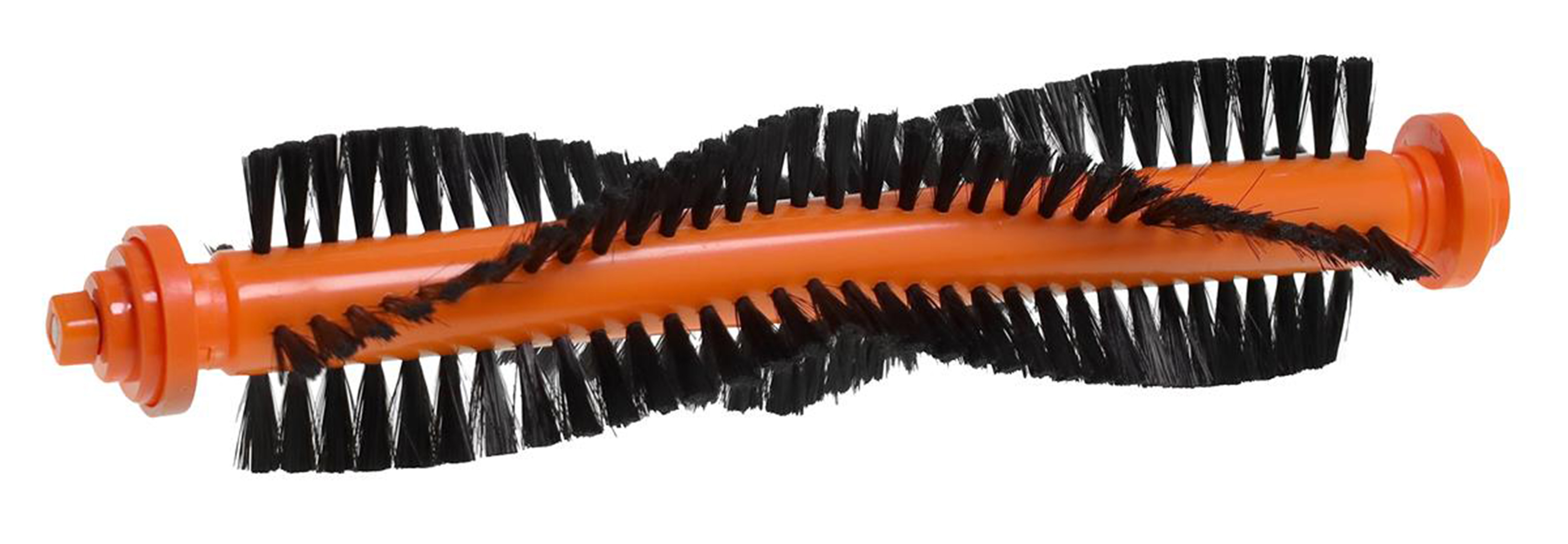 Eine orangefarbene Bürstenrolle mit schwarzen Borsten, isoliert auf weißem Hintergrund.