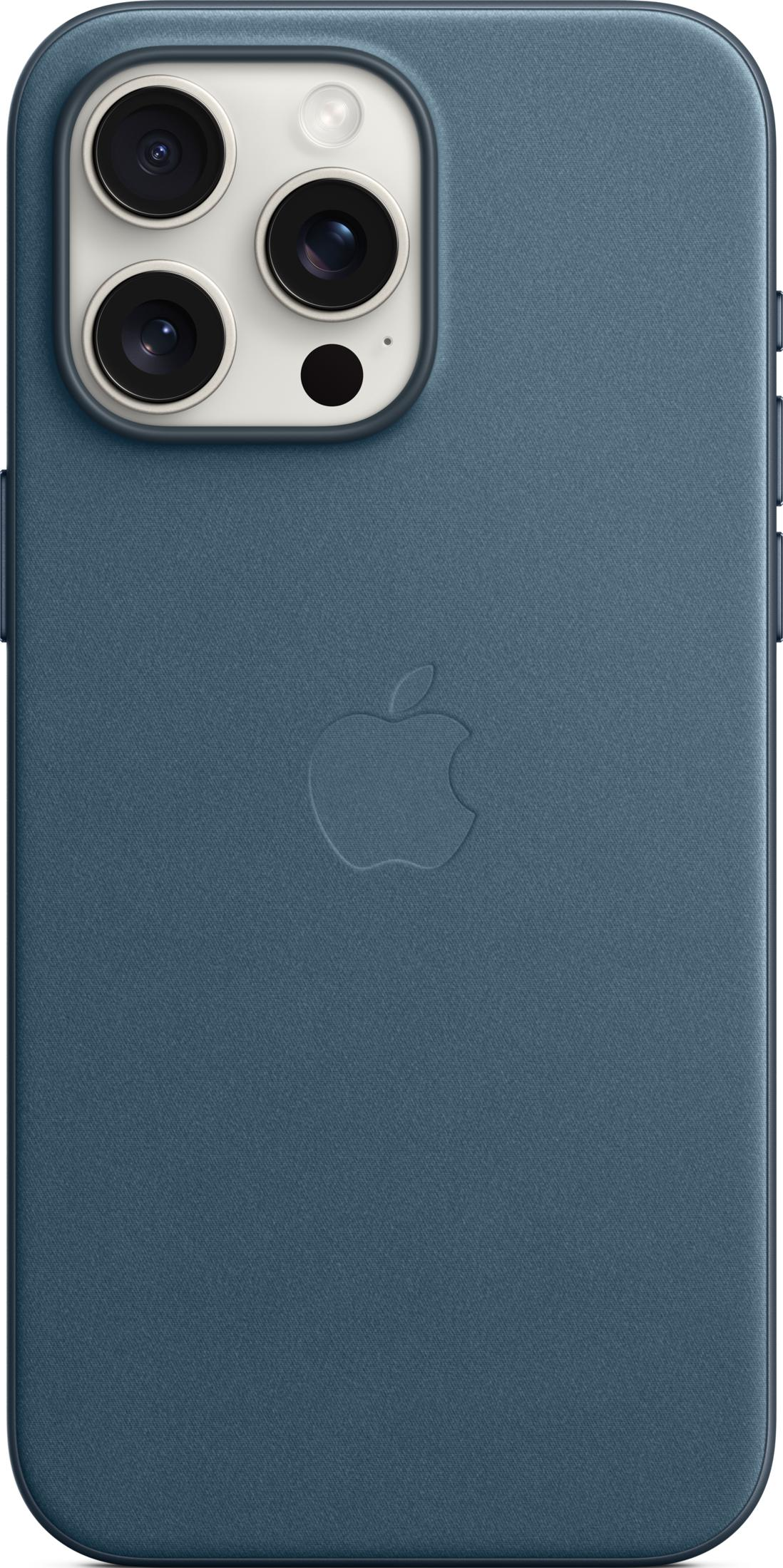 Blaue iPhone-Hülle mit Apple-Logo und Kamera-Ausschnitt.