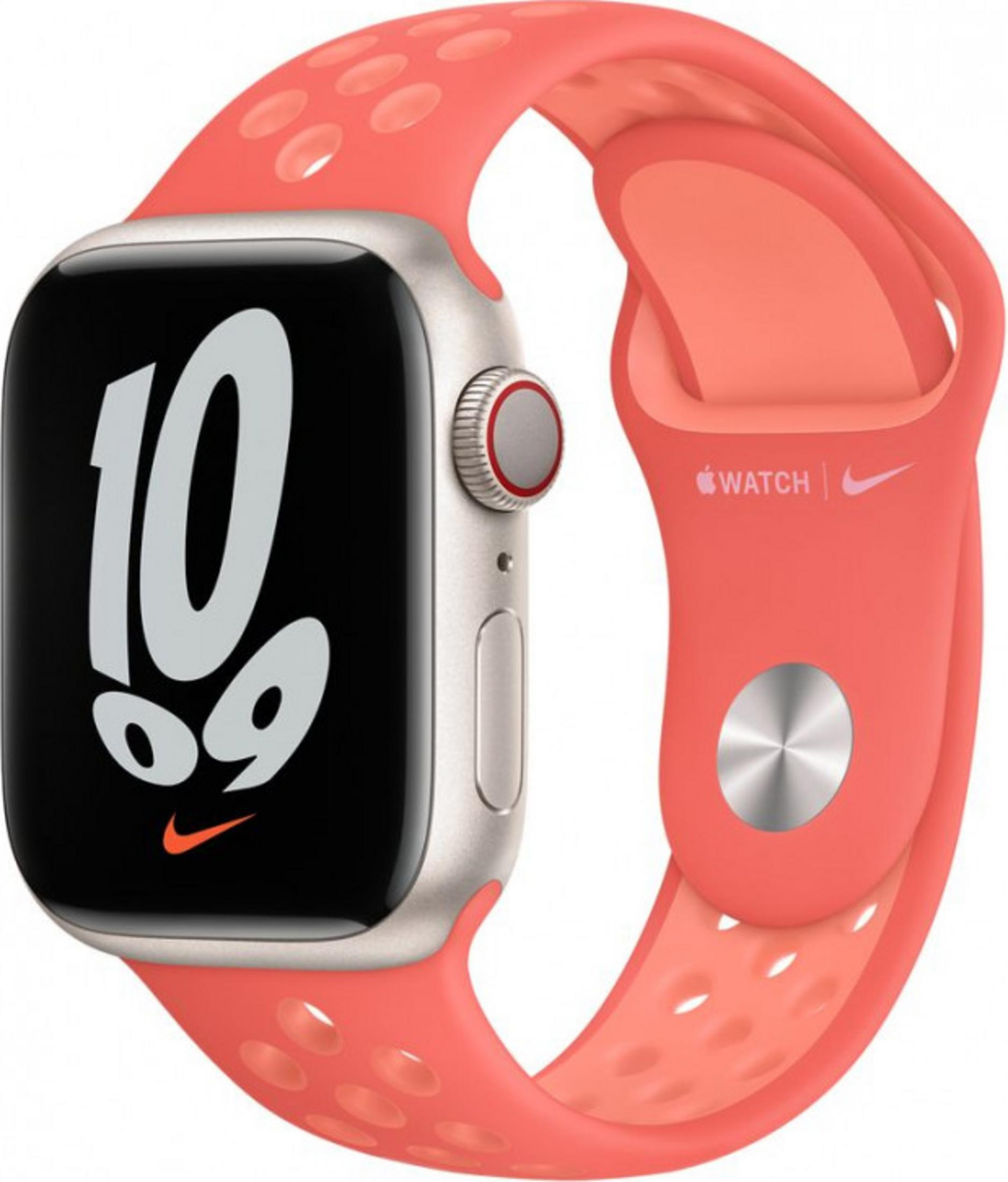 A silver smartwatch with a coral band featuring 'WATCH' and a Nike logo.