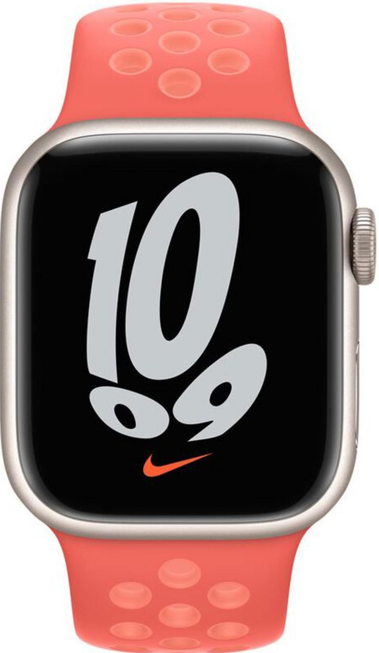 A digital watch with a coral band and a face displaying 10:09.