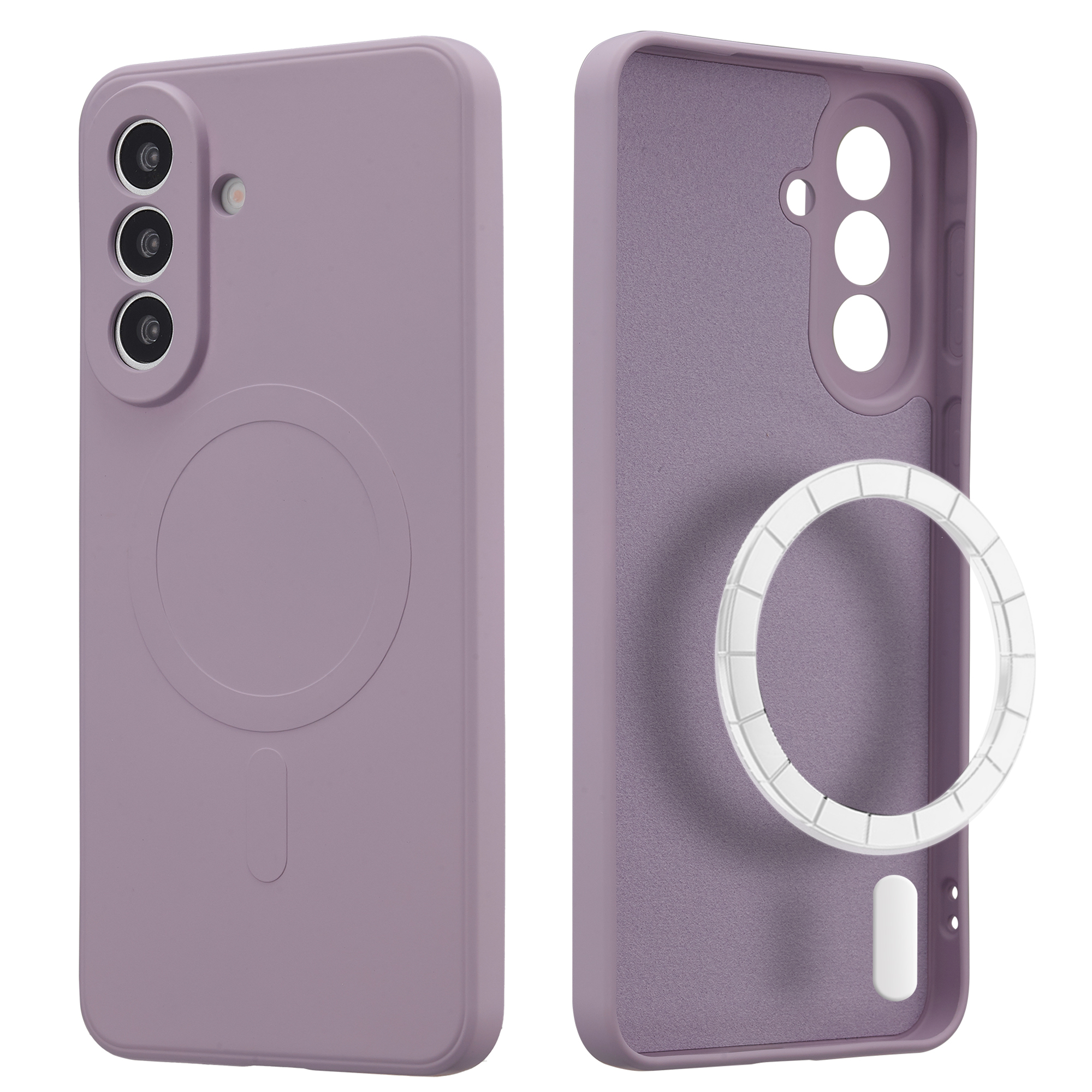 Paarse telefoonhoes met camera's en magneetring, voor- en achterkant.