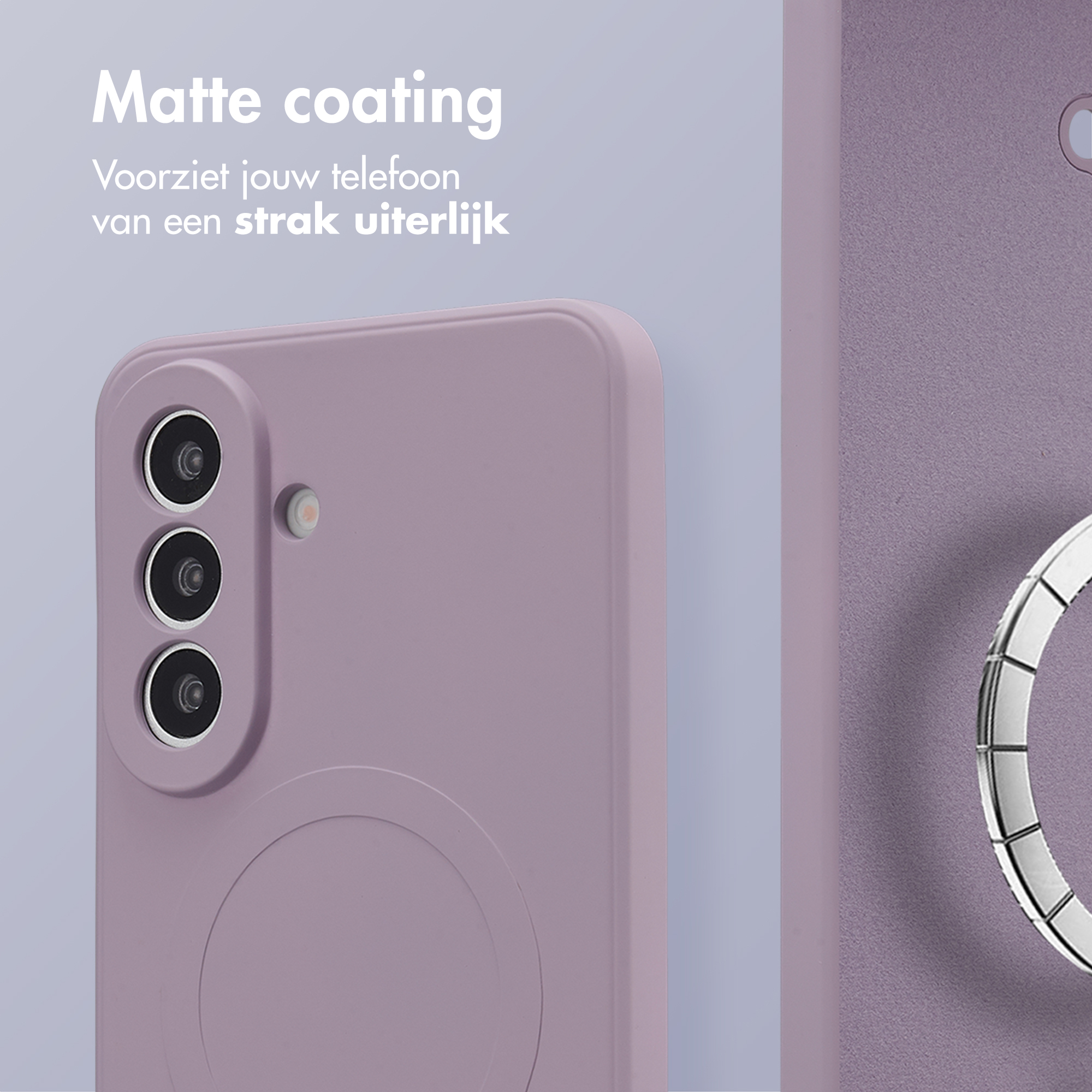 Paarse telefoonhoes met matte afwerking en cameramodule.