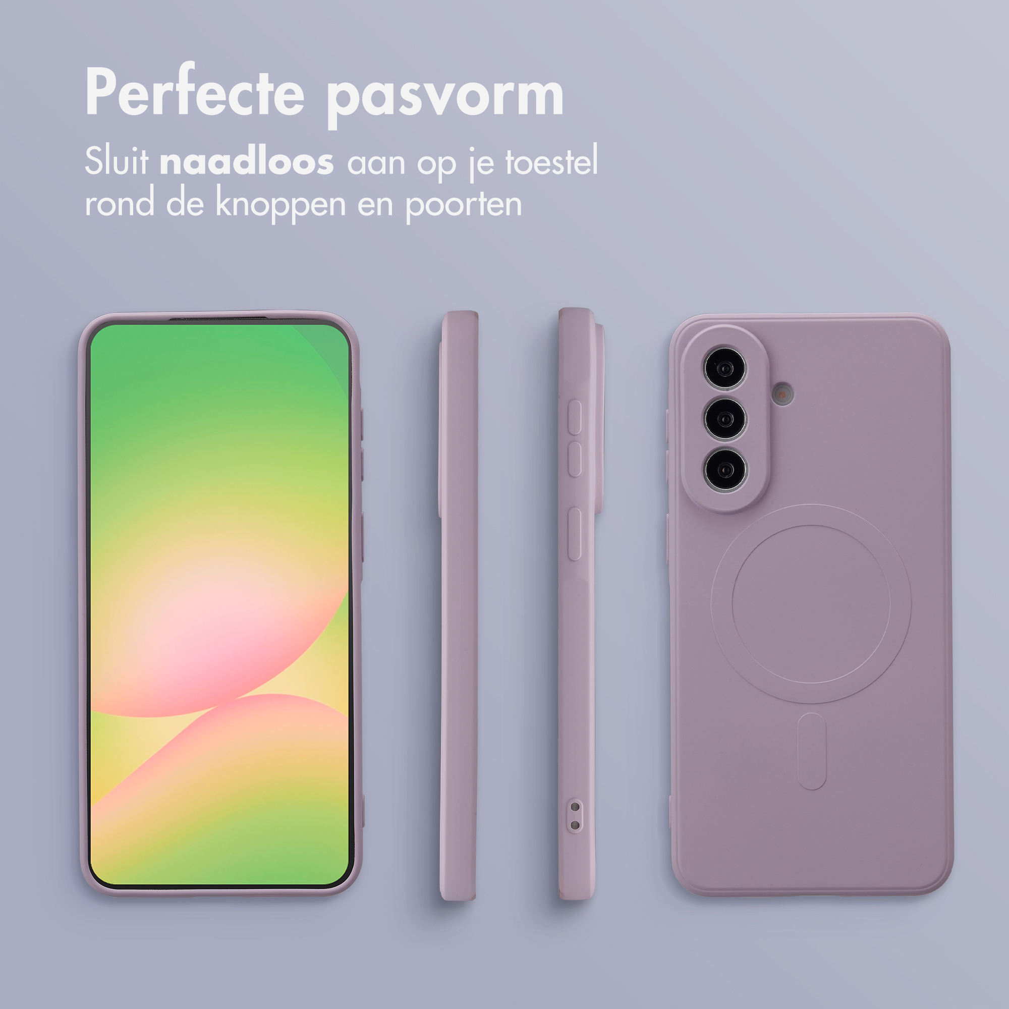 Een paars telefoonhoesje, van voren en zijkanten getoond.