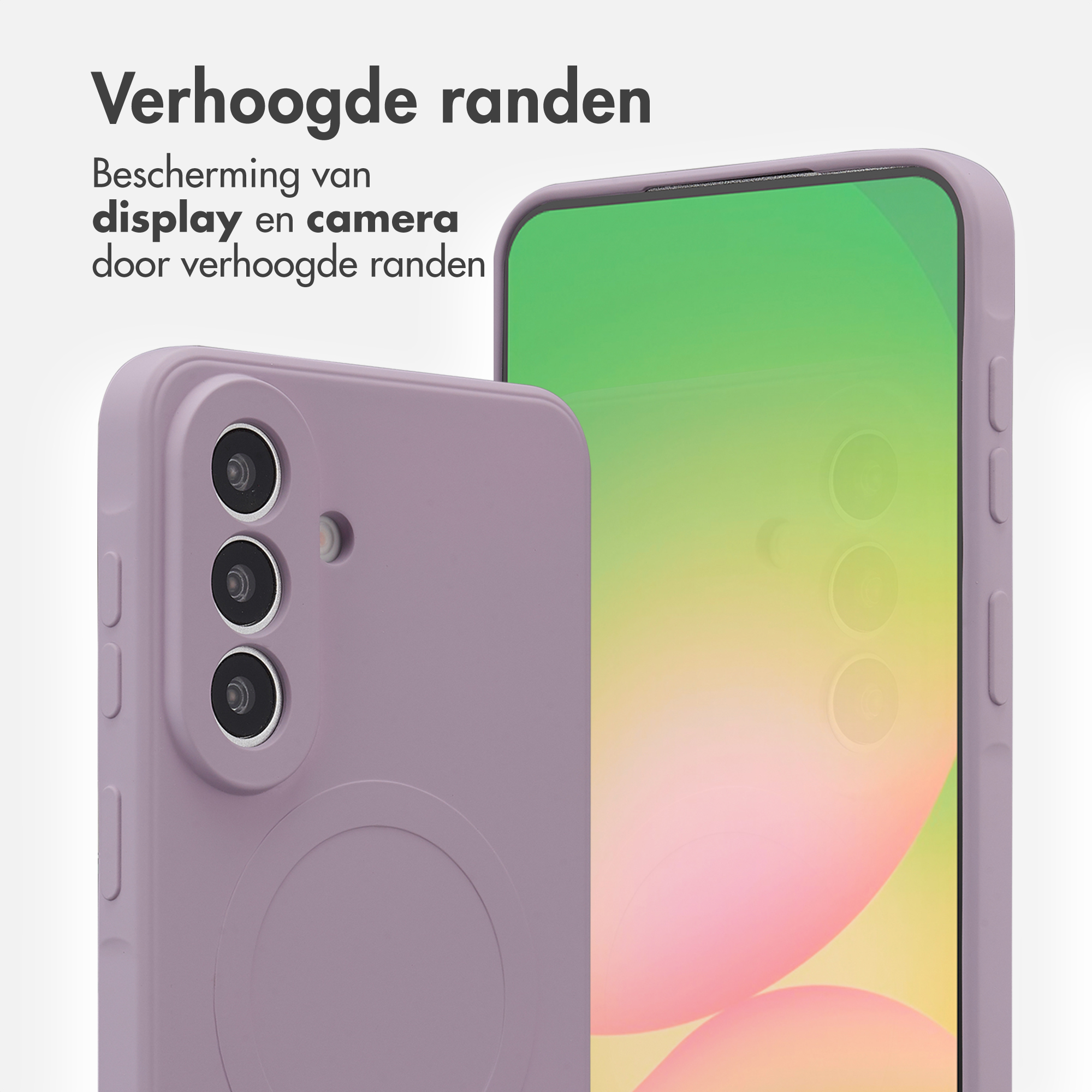 Paarse telefoonhoes met verhoogde randen beschermt display en camera.