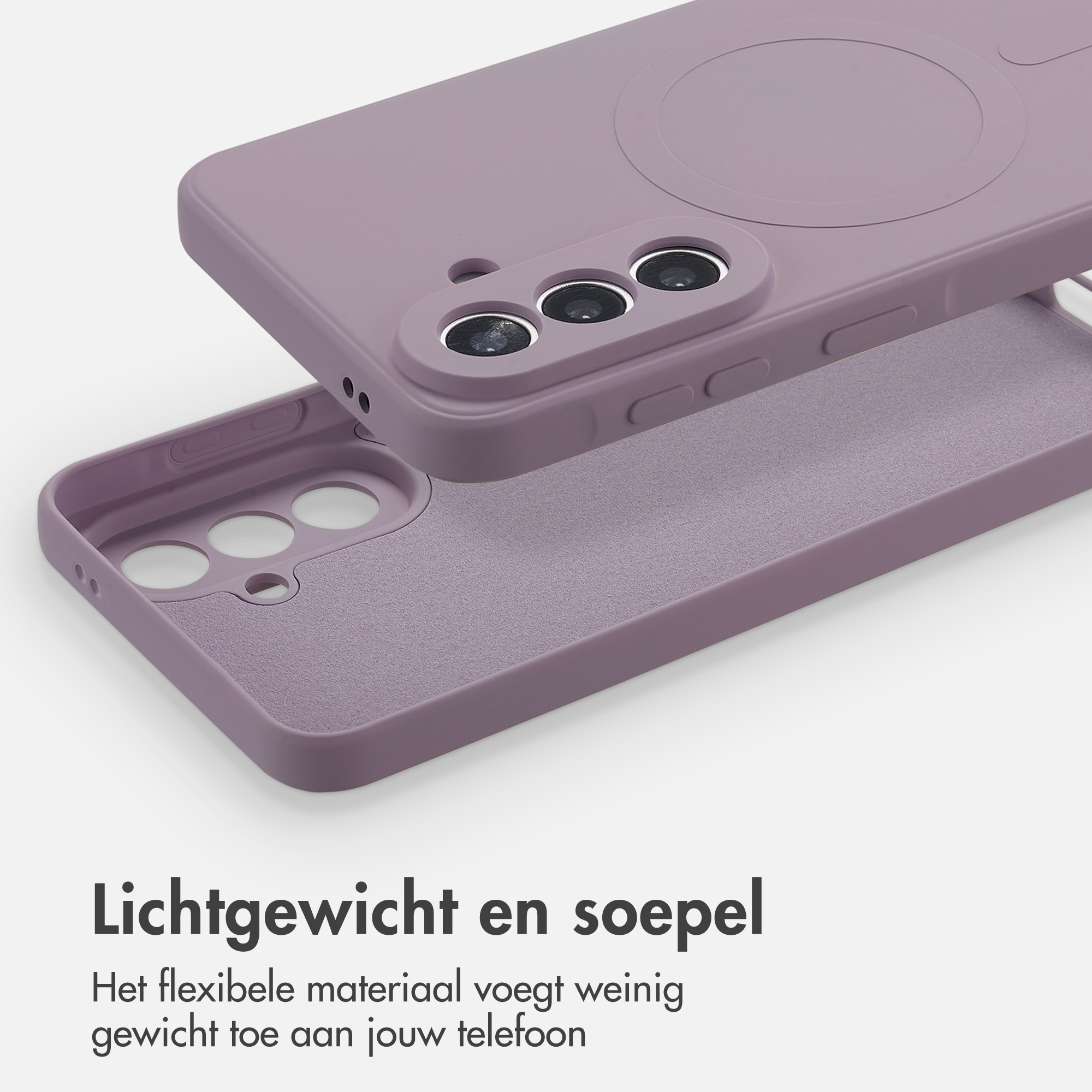 Een paarse telefoonhoes met cameragat en magnetische cirkel.