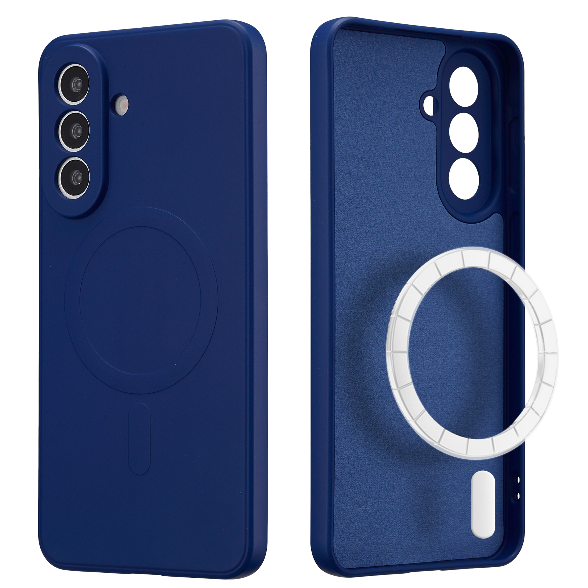 Donkerblauwe telefoonhoes, voor- en achterkant, met magneetring.