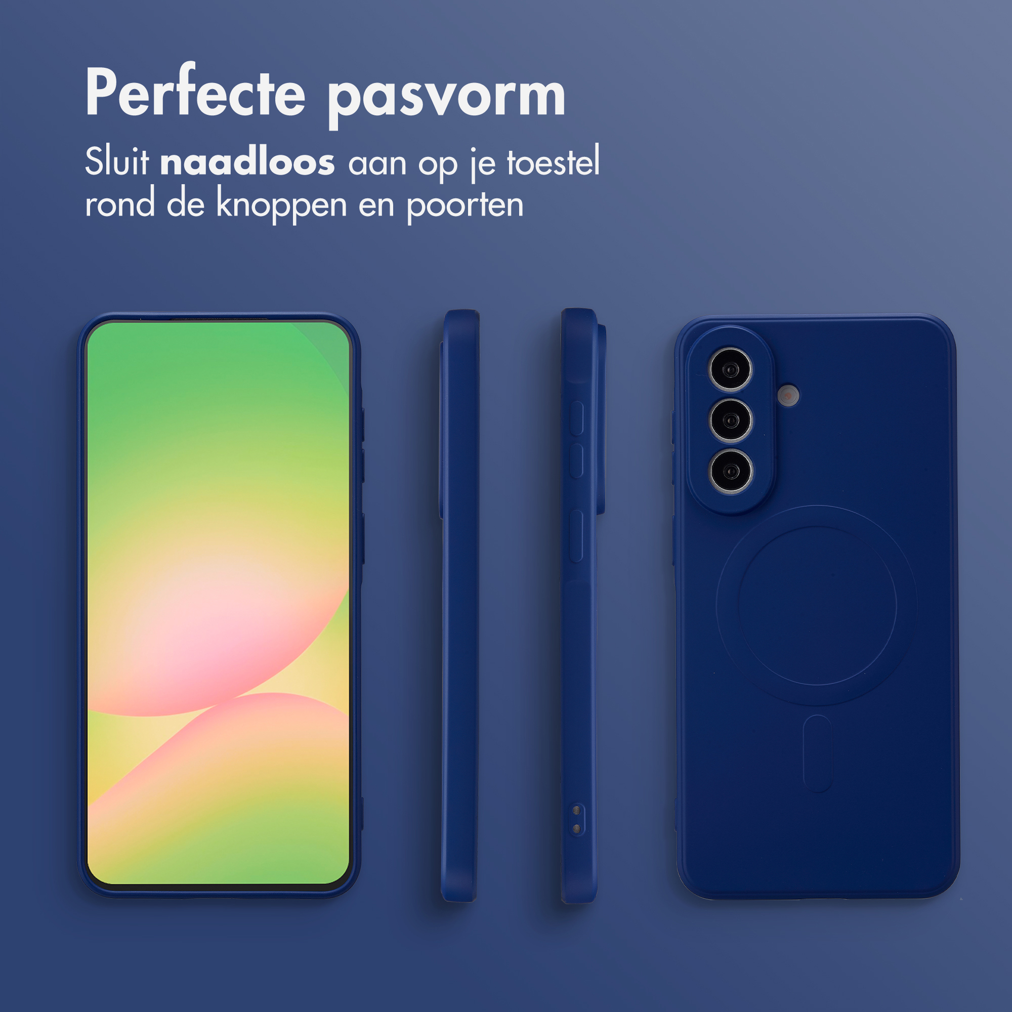 Drie blauwe telefoonhoesjes: voor-, zij- en achterkant op blauwe achtergrond.