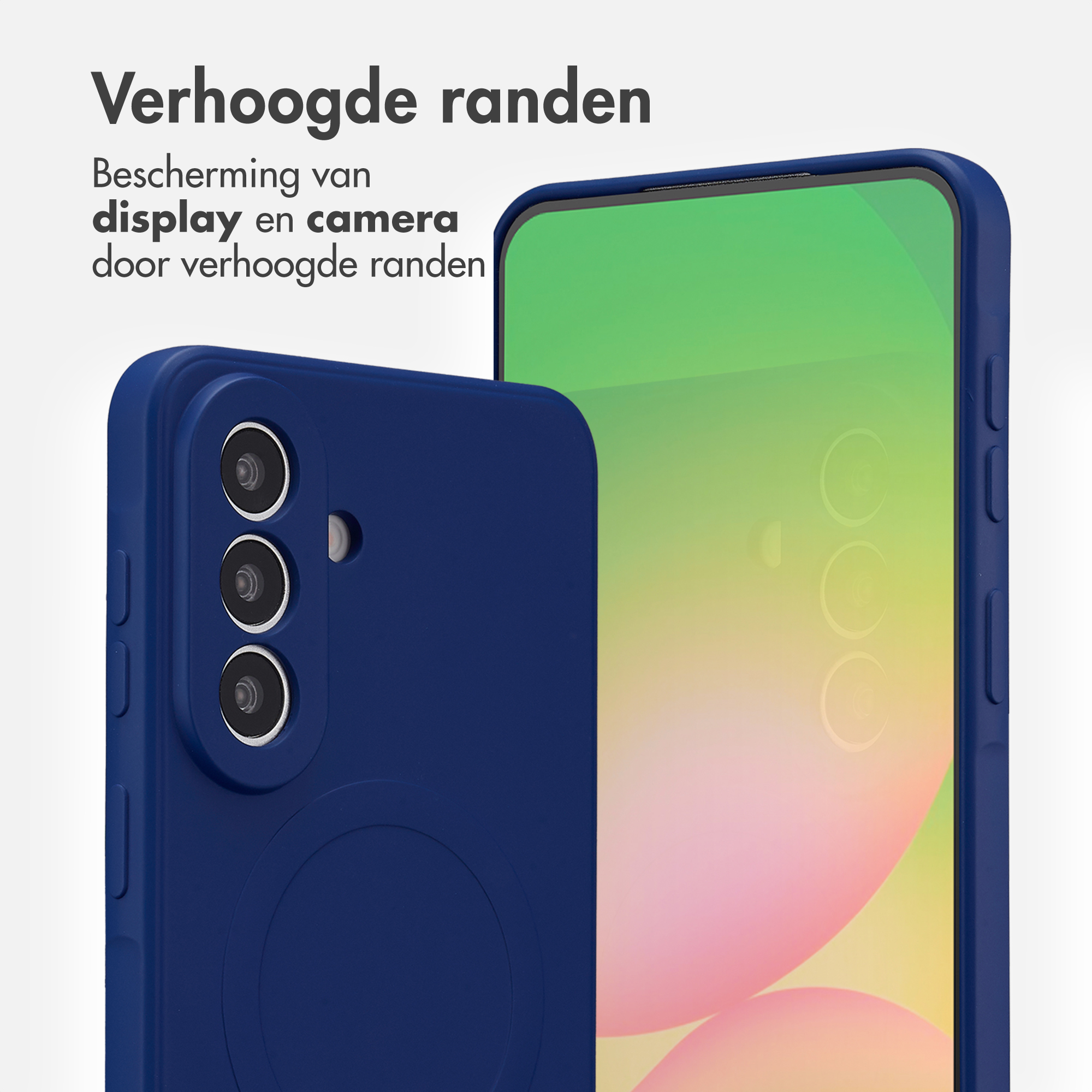 Donkerblauwe telefoon met verhoogde randen voor display- en camerabescherming.