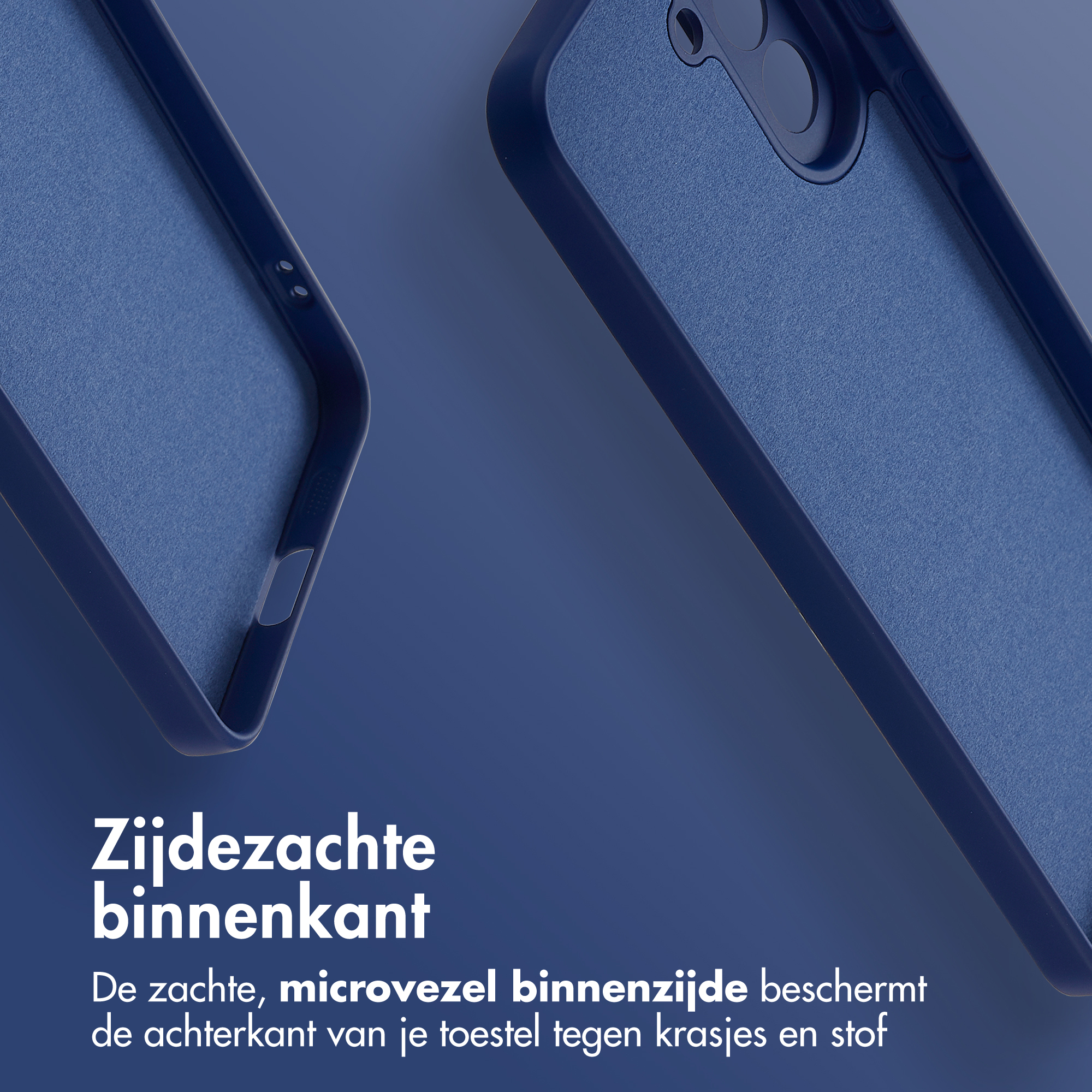 Donkerblauwe telefoonhoes met zachte microvezel binnenvoering.