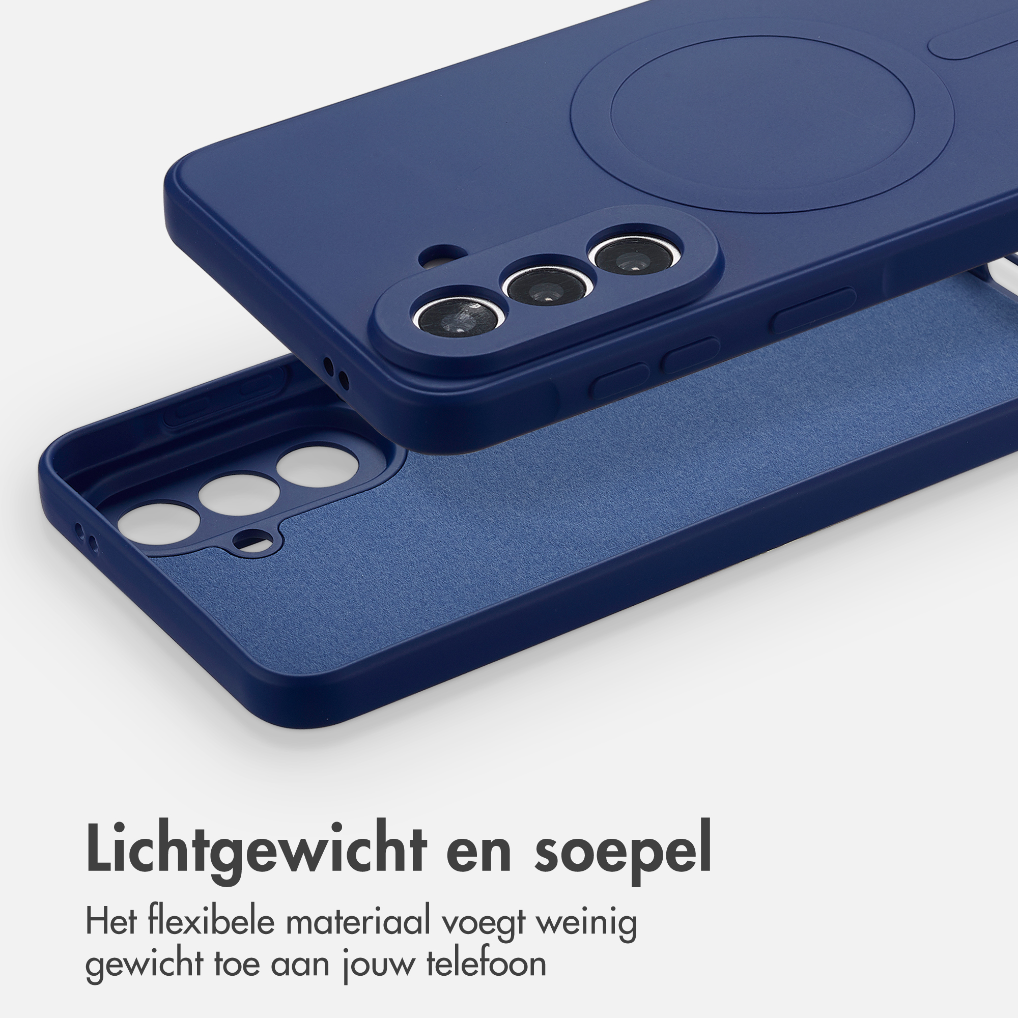 Donkerblauwe telefoonhoes met camera-uitsparing en MagSafe-ring.