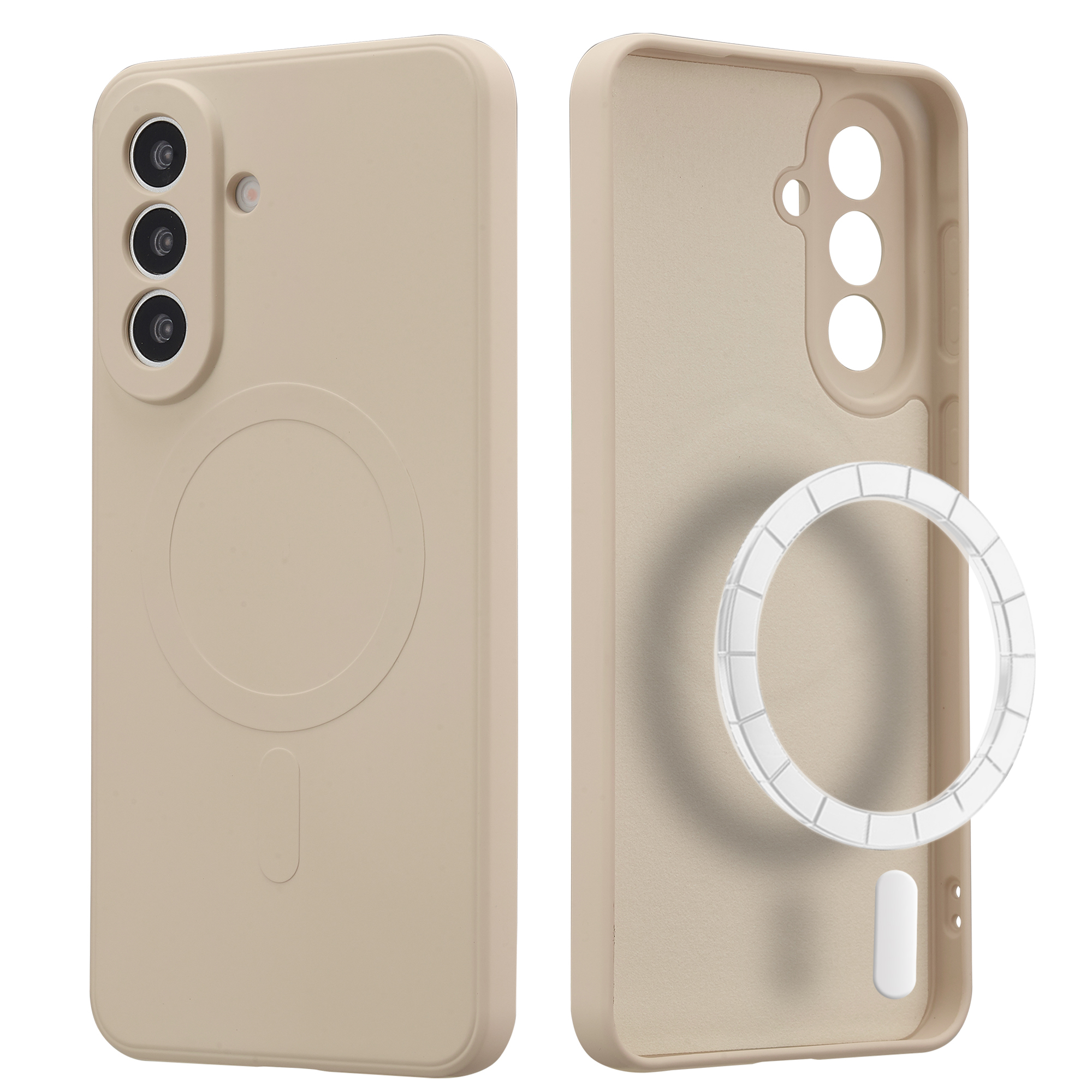 Twee beige telefoonhoesjes met camerabult, één open met magneetring.