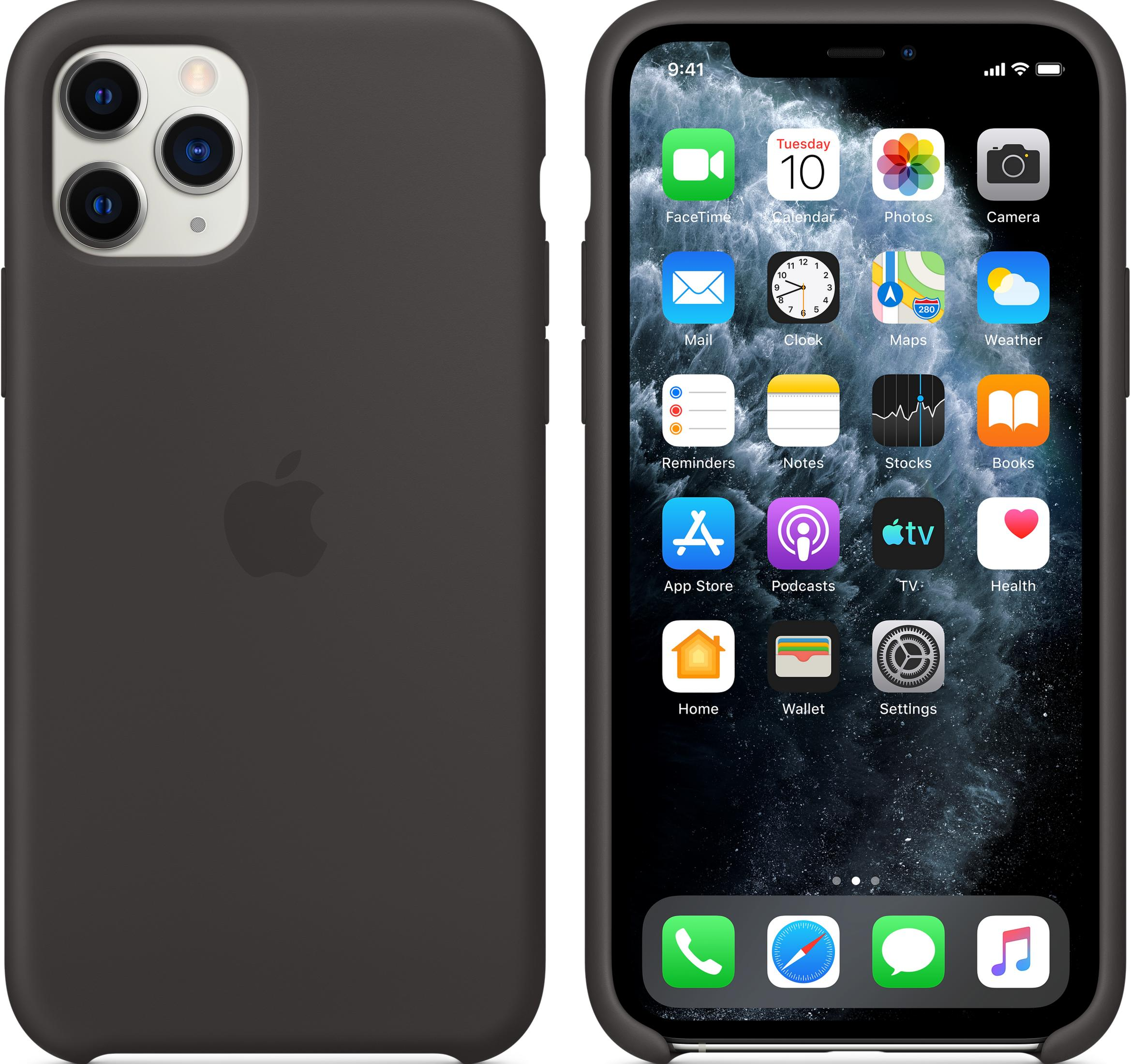Een donkere iPhone met een zwarte hoes waarop diverse app-iconen staan.