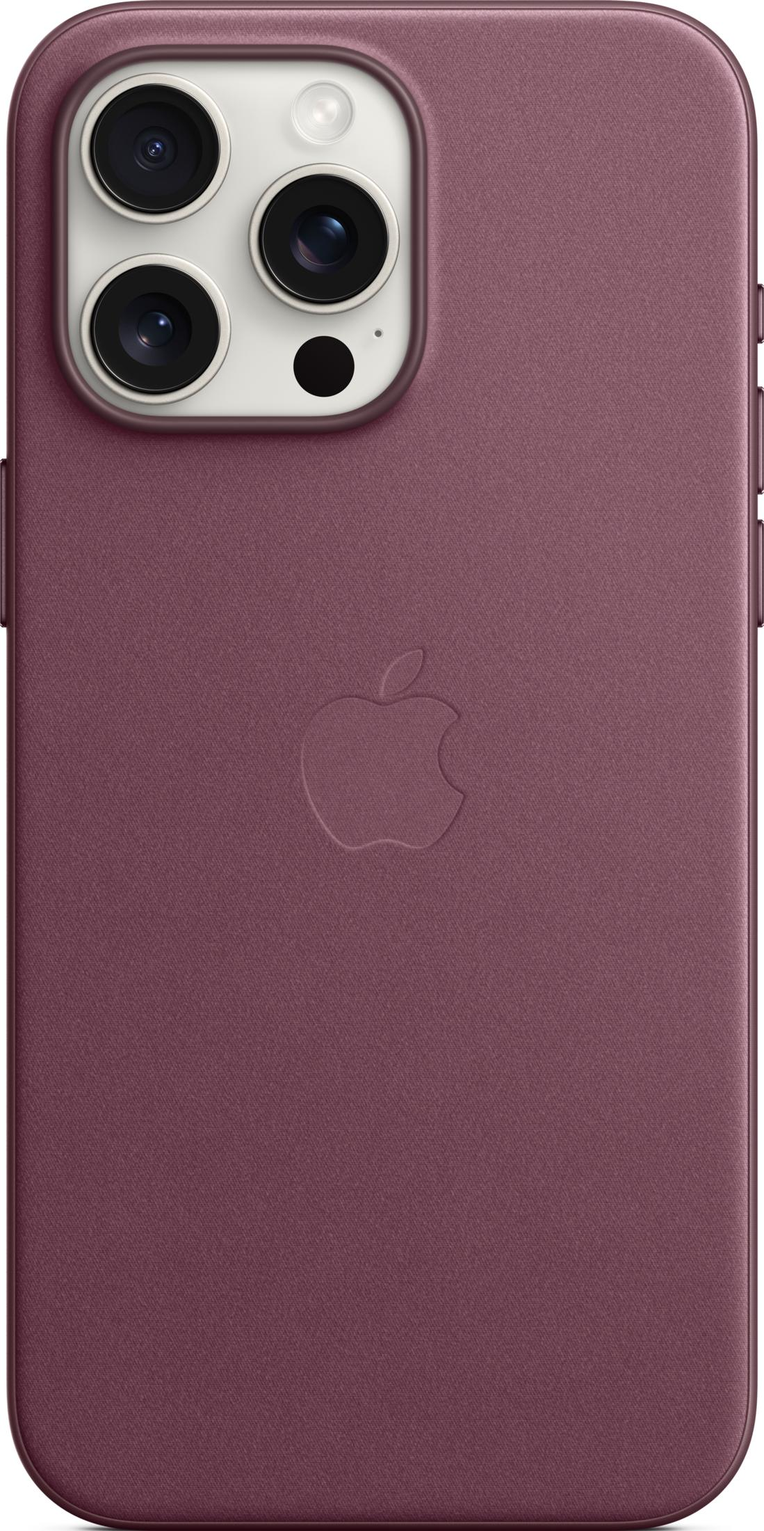 Achterkant van een paarse iPhone-hoes met Apple-logo en cameralenzen.