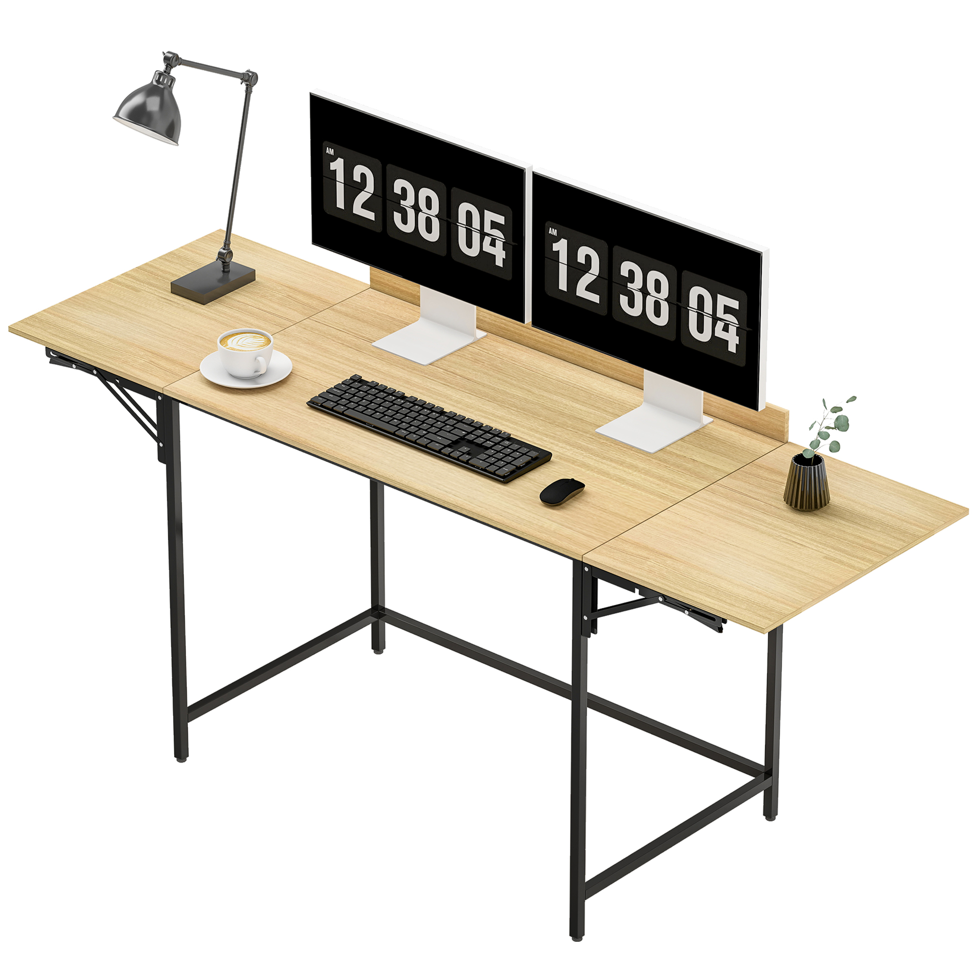 Ein Schreibtisch mit zwei Monitoren, Tastatur, Maus, Lampe und Kaffeetasse.