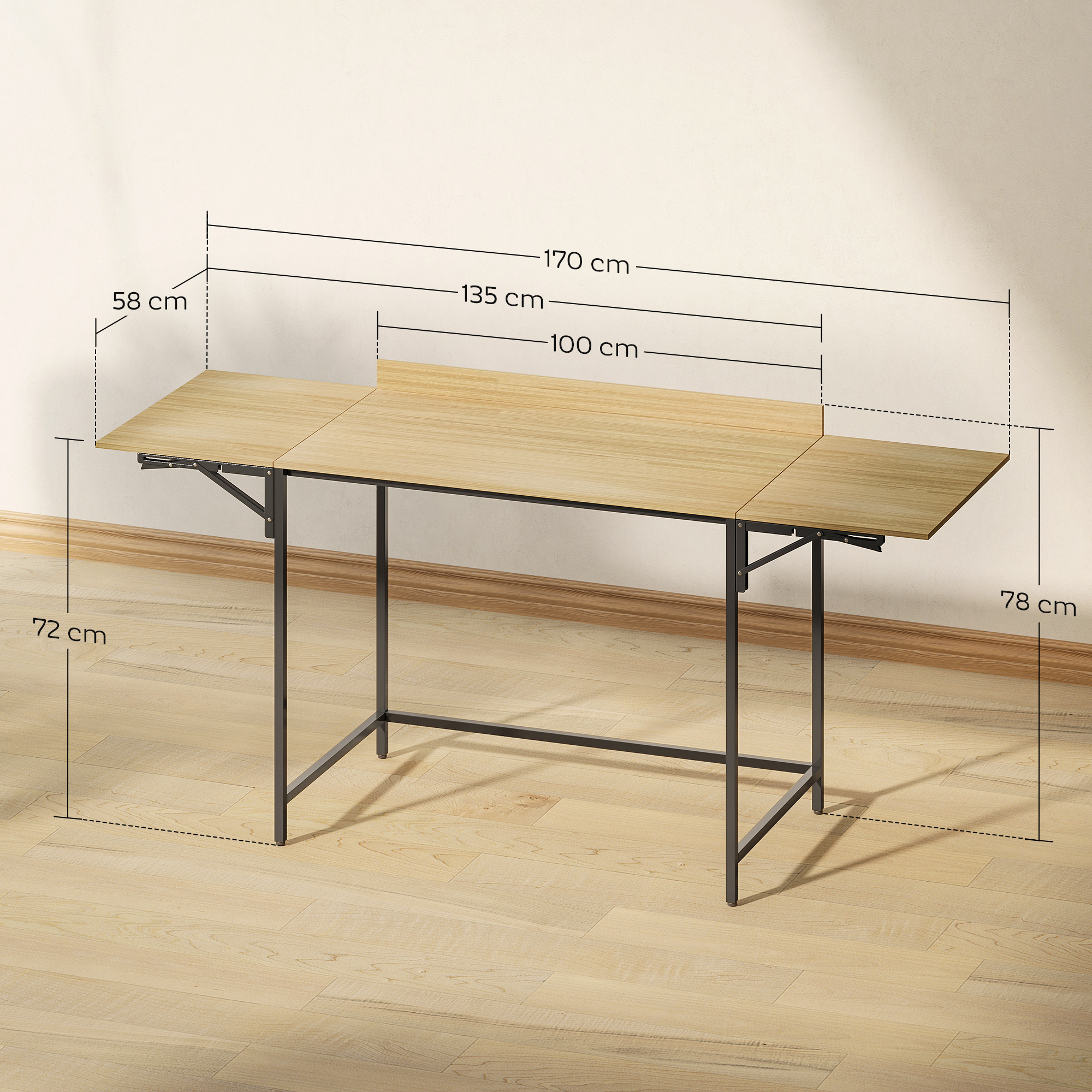 Ein ausziehbarer Esstisch mit hellem Holz und schwarzem Metallgestell.