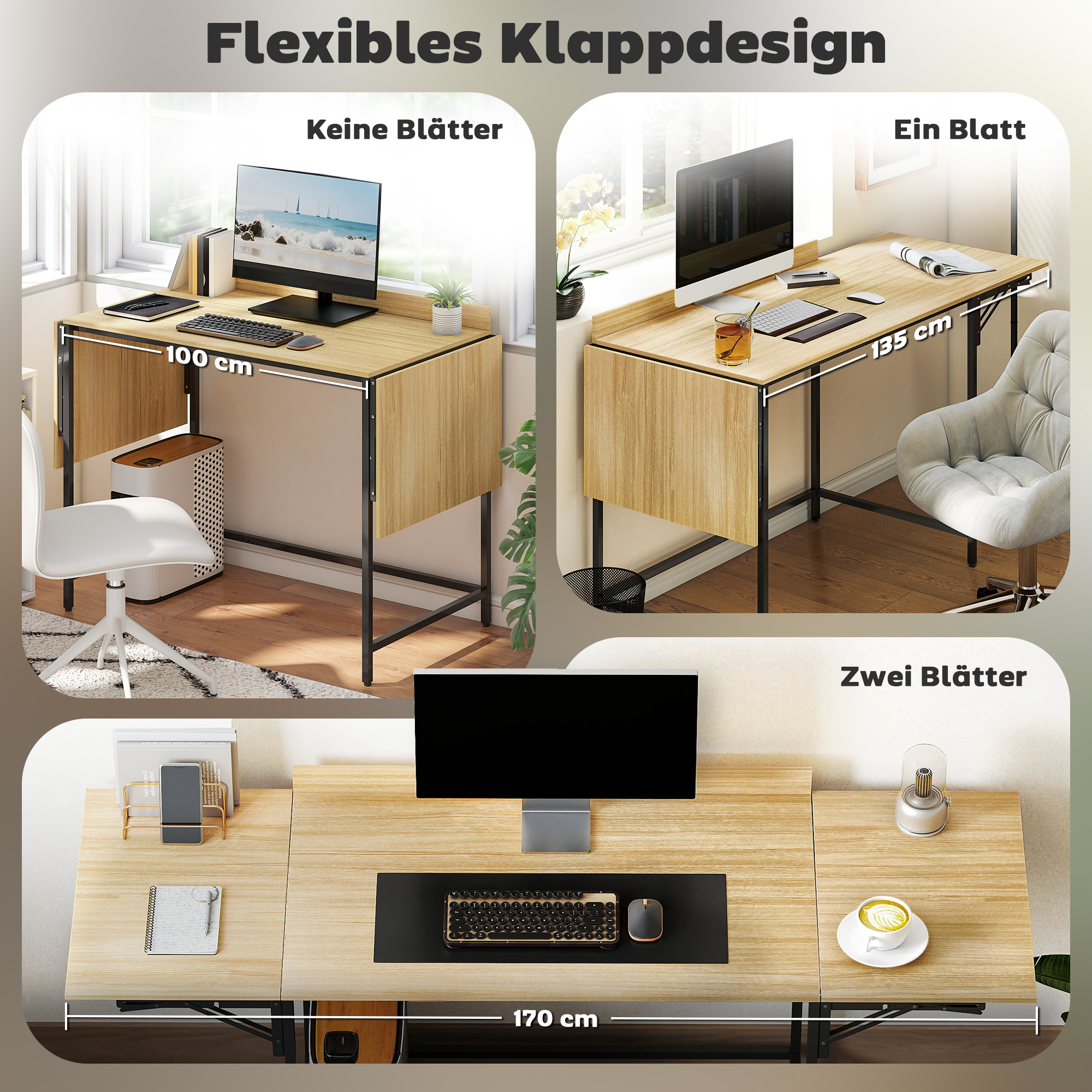Ein Schreibtisch in drei Größen: 100cm, 135cm und 170cm breit, mit Holzmaserung.