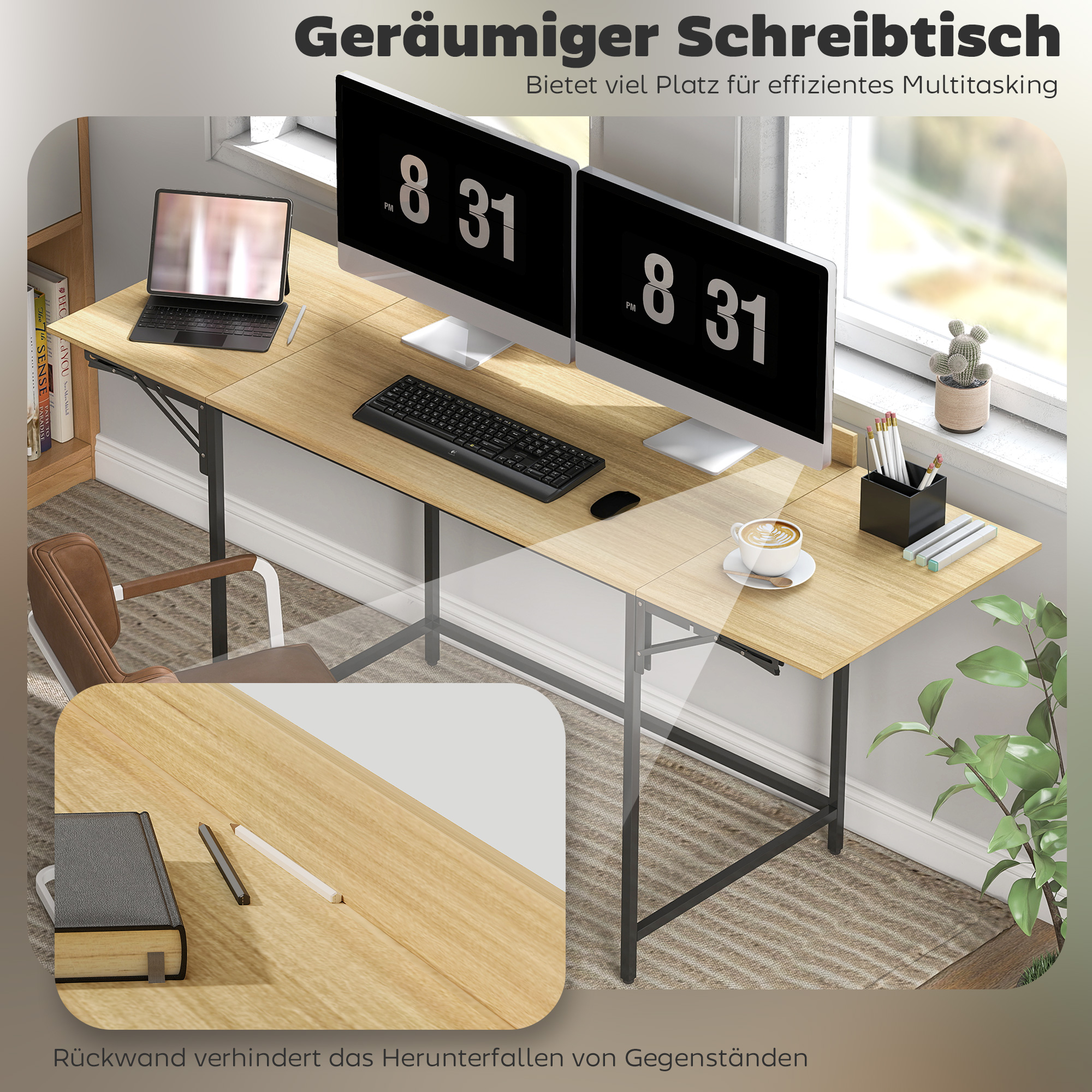 Ein heller Schreibtisch mit zwei Monitoren, Laptop, Tastatur und Tasse Kaffee.