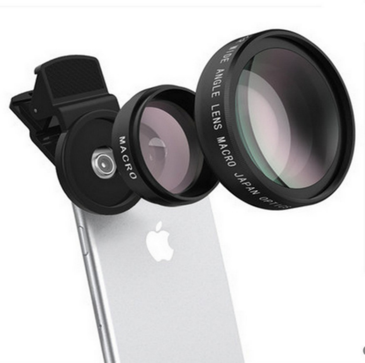 Makro- und Weitwinkelobjektive für ein Smartphone mit Clip-Befestigung.