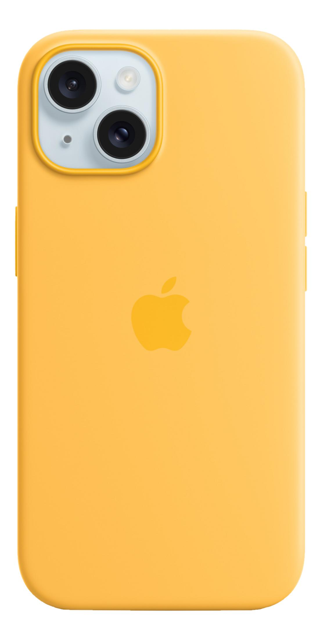 Achterkant van een gele iPhone met Apple-logo en dubbele camera.