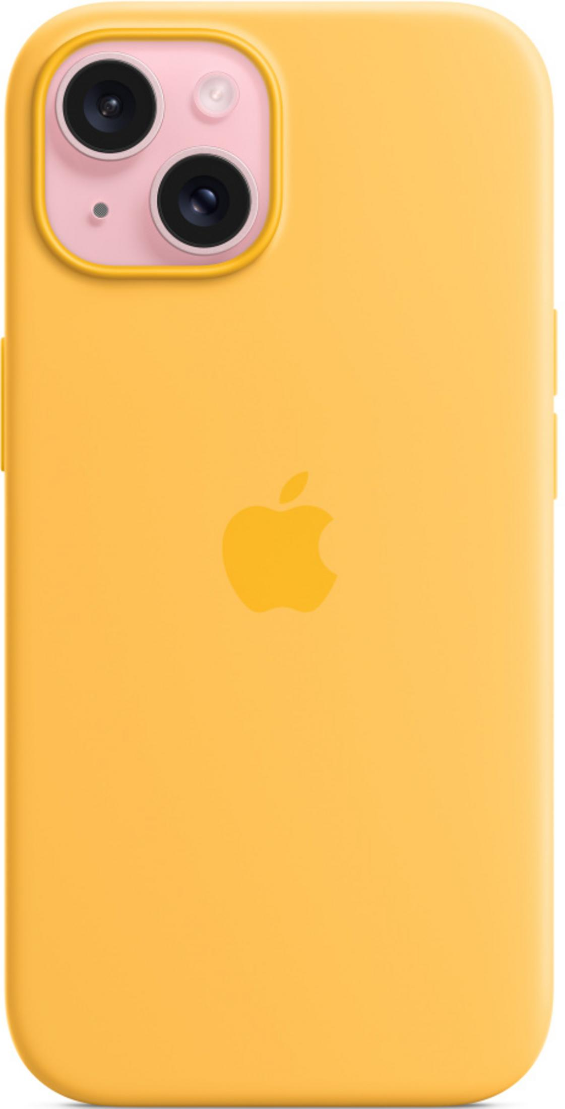 Gele iPhone hoes met Apple logo en twee camera's aan de achterkant.