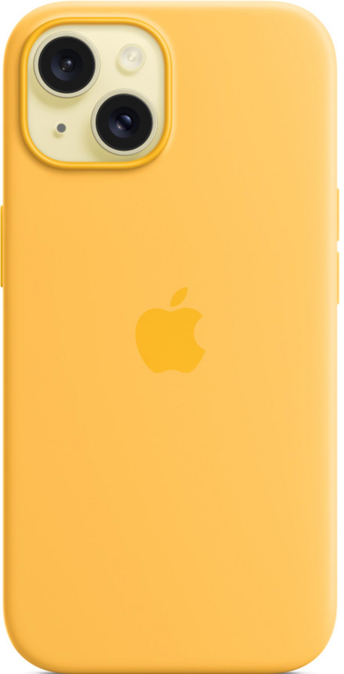 Een gele iPhone met twee camera's en een Apple-logo op de achterkant.