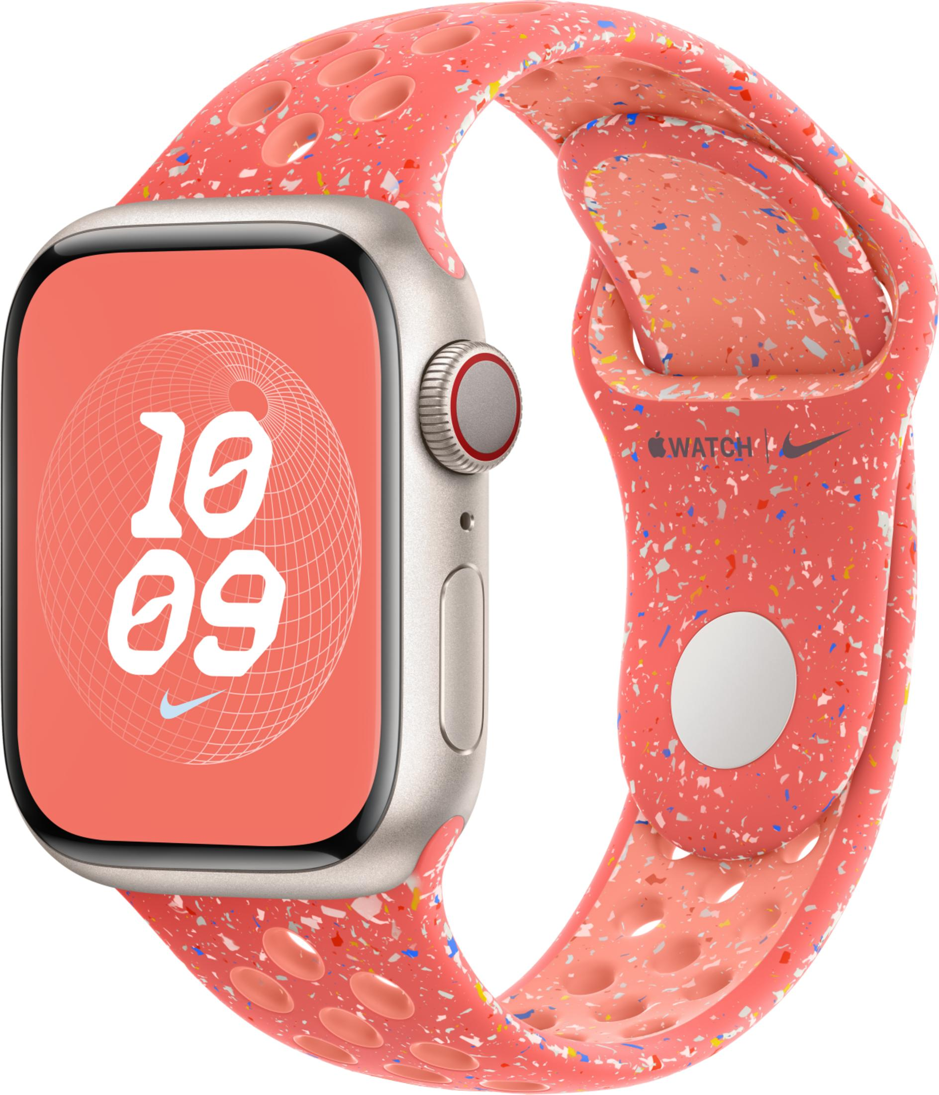 A silver smartwatch with a coral band featuring colorful speckles.