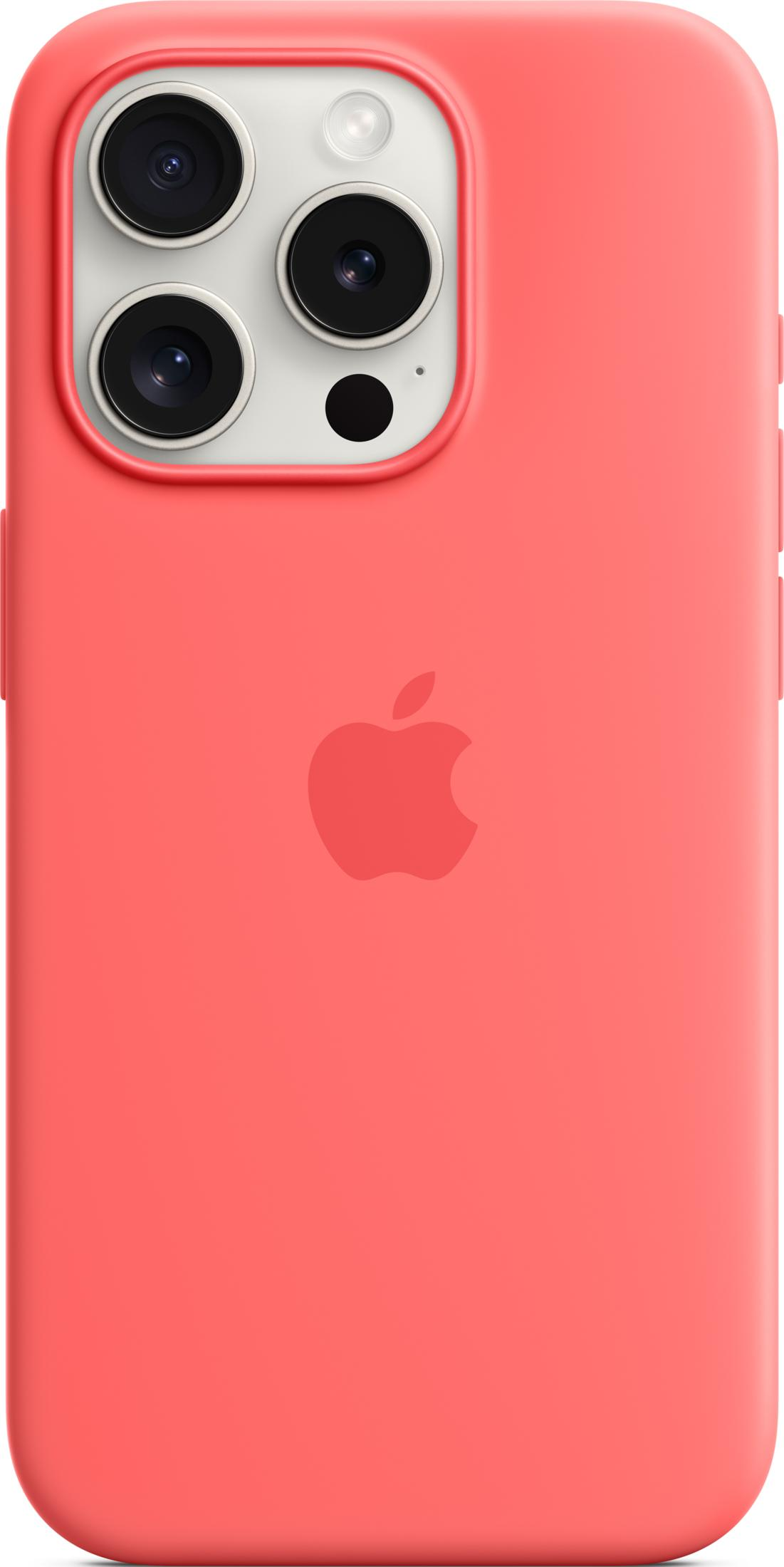 Custodia rossa per iPhone con lenti della fotocamera e logo Apple.