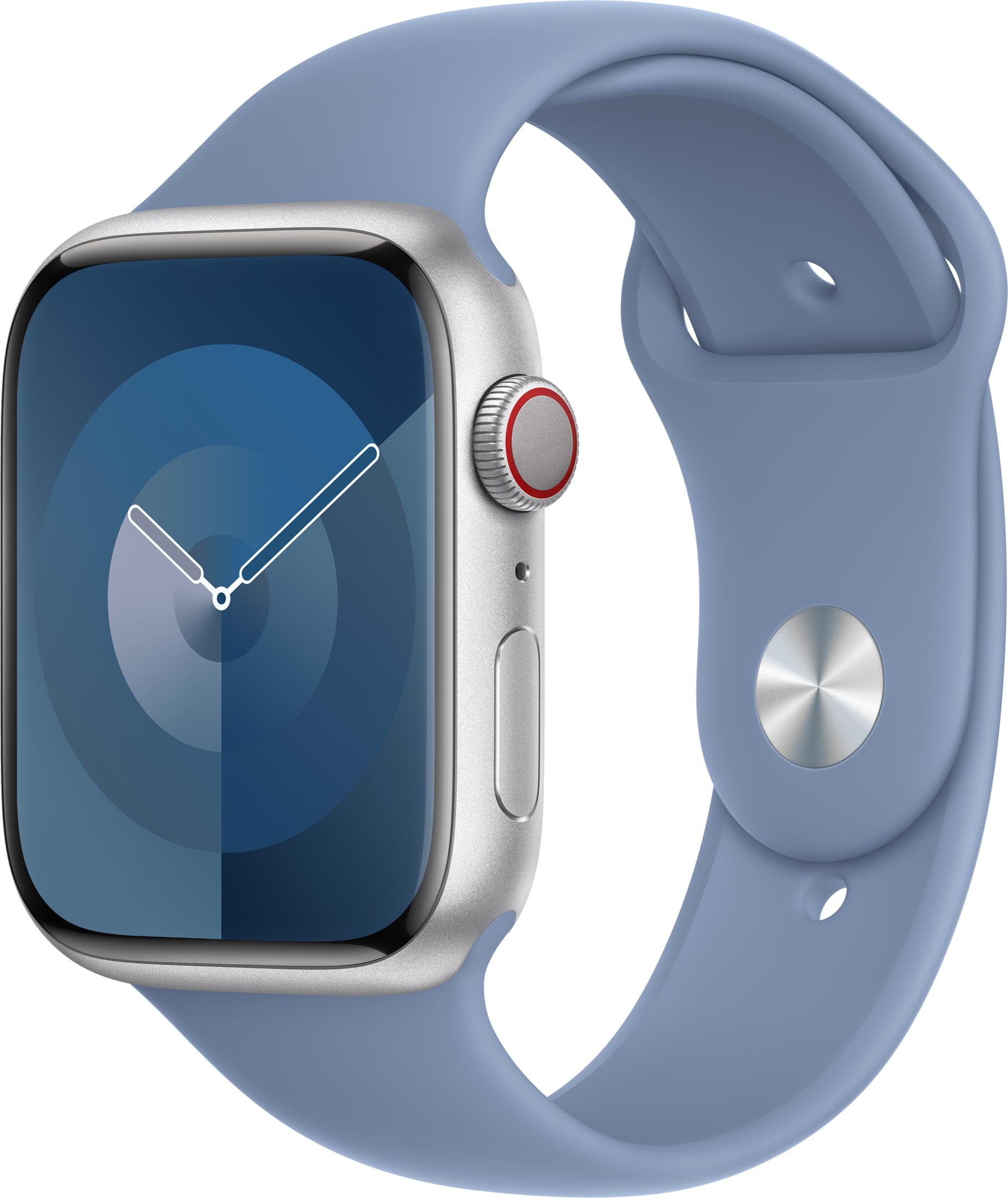 Zilveren smartwatch met blauwe band en cirkelvormige wijzerplaat.
