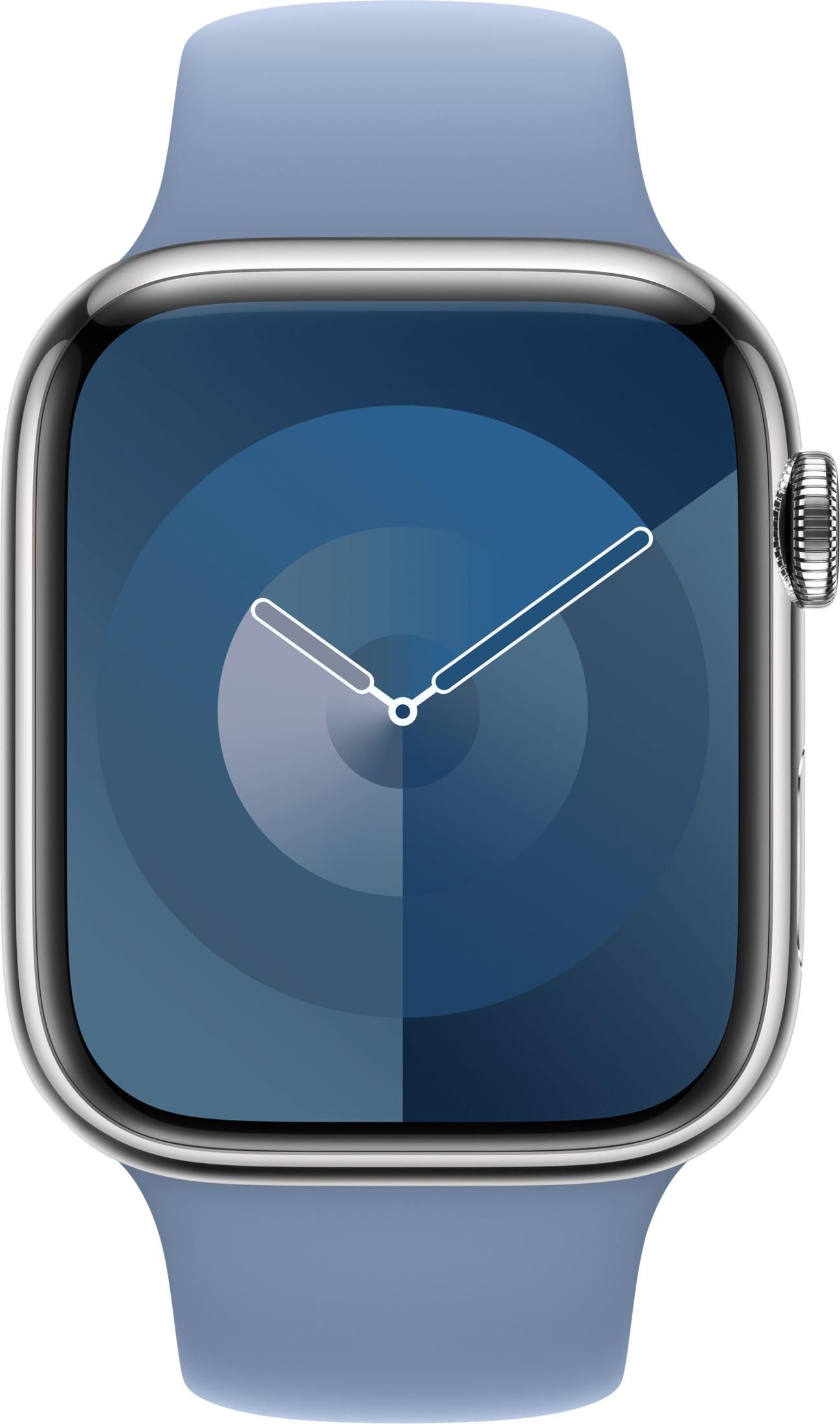 Zilveren smartwatch met blauw wijzerplaat en blauwe band.