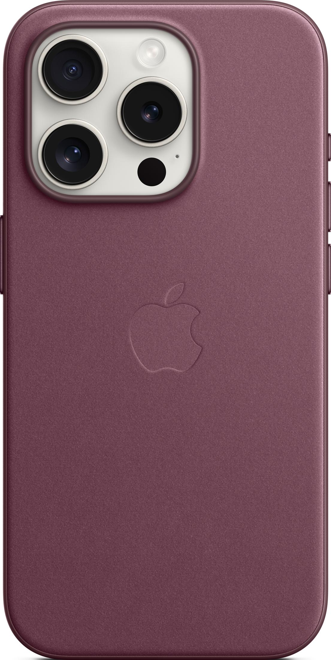 Purple iPhone case with Apple logo and triple camera.