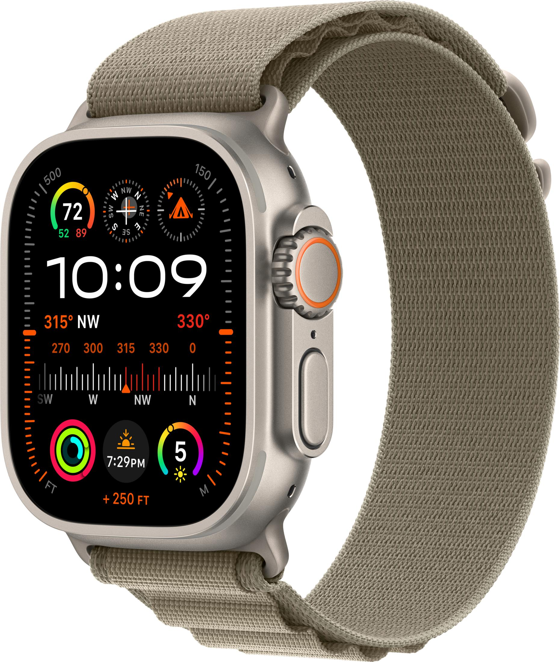 Montre connectée grise avec bracelet beige et affichage boussole.