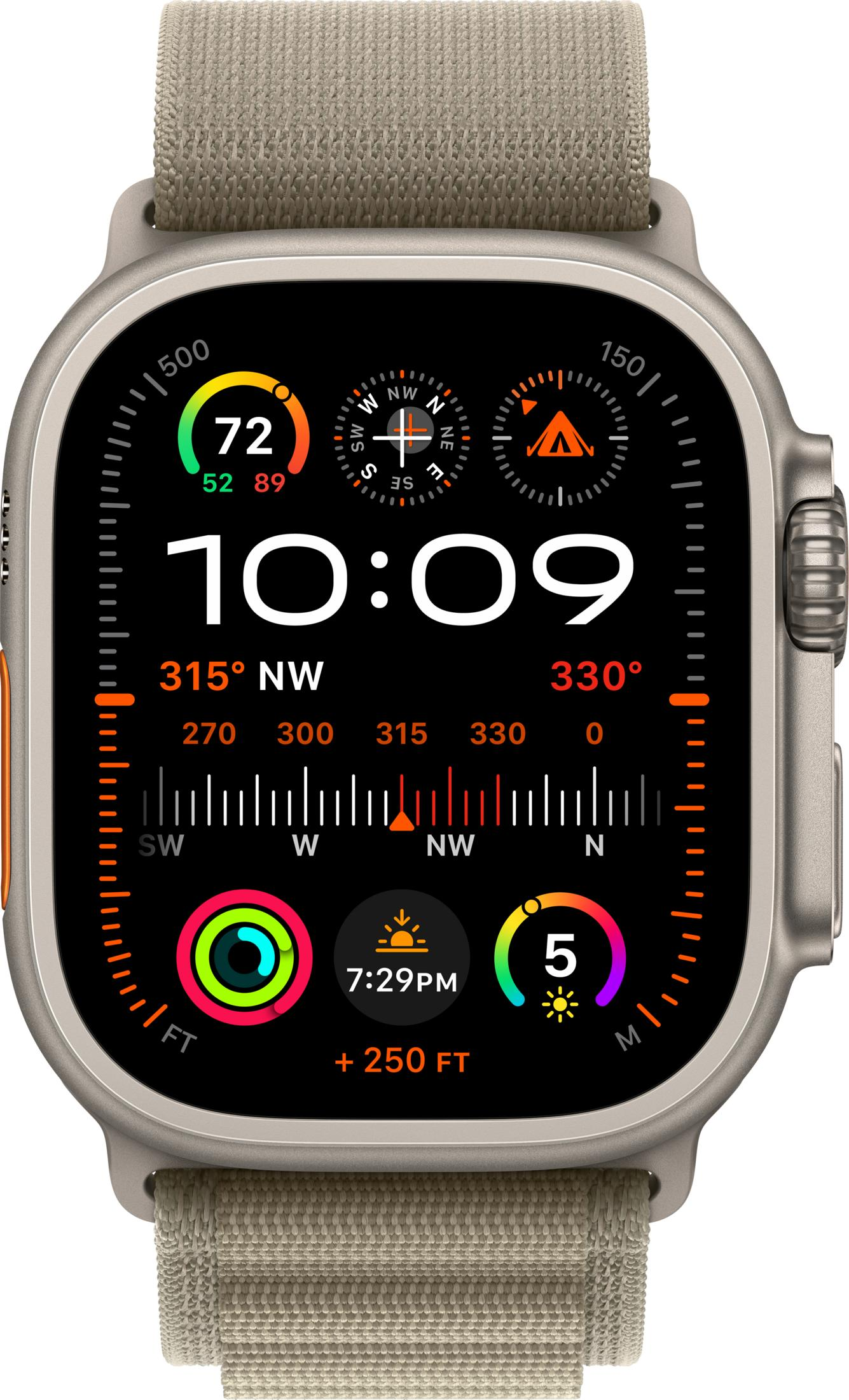 Montre numérique avec bracelet en tissu beige. Affiche l'heure, la boussole, le rythme cardiaque, l'altitude.