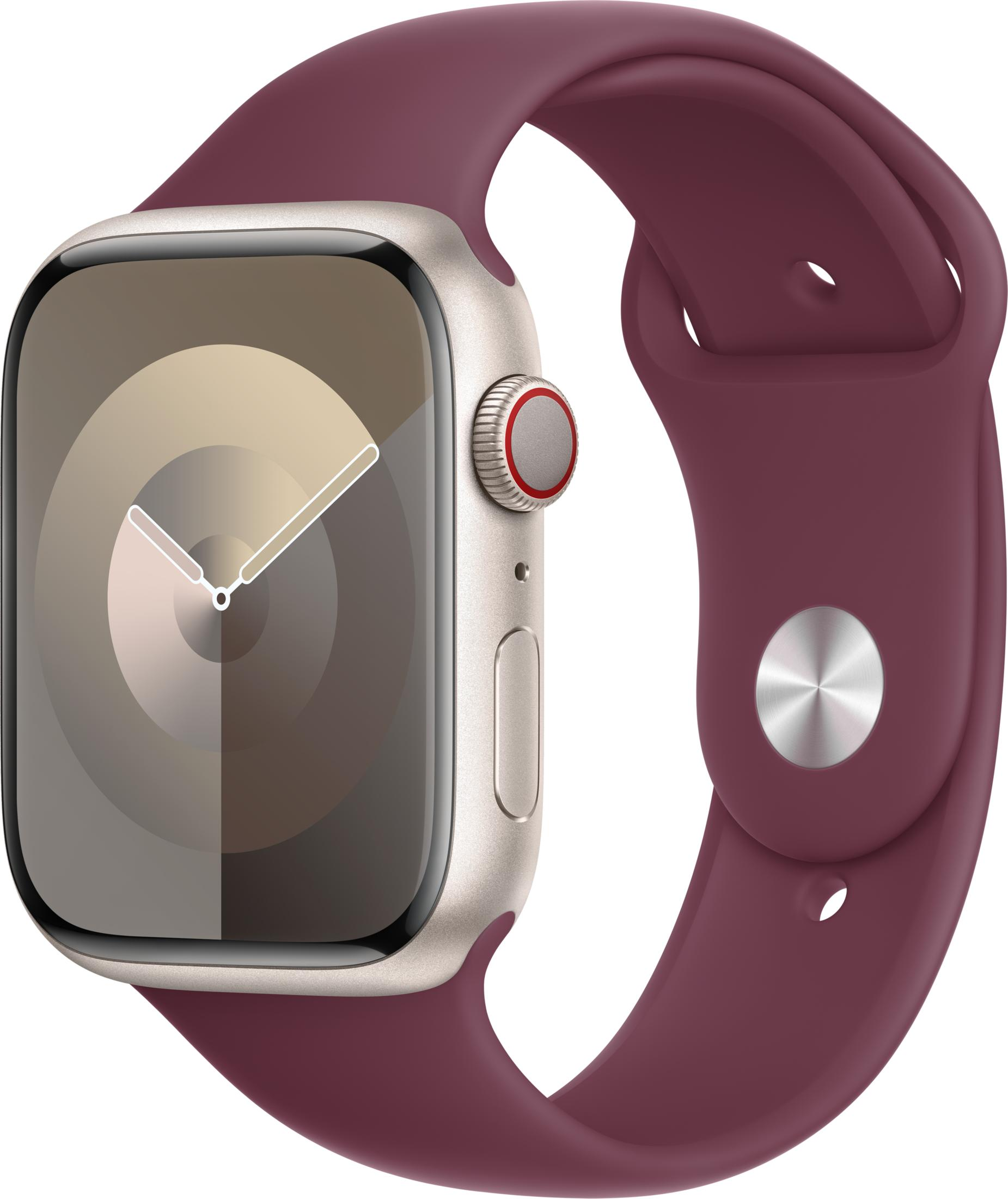 Een gouden smartwatch met een pruimkleurige band.